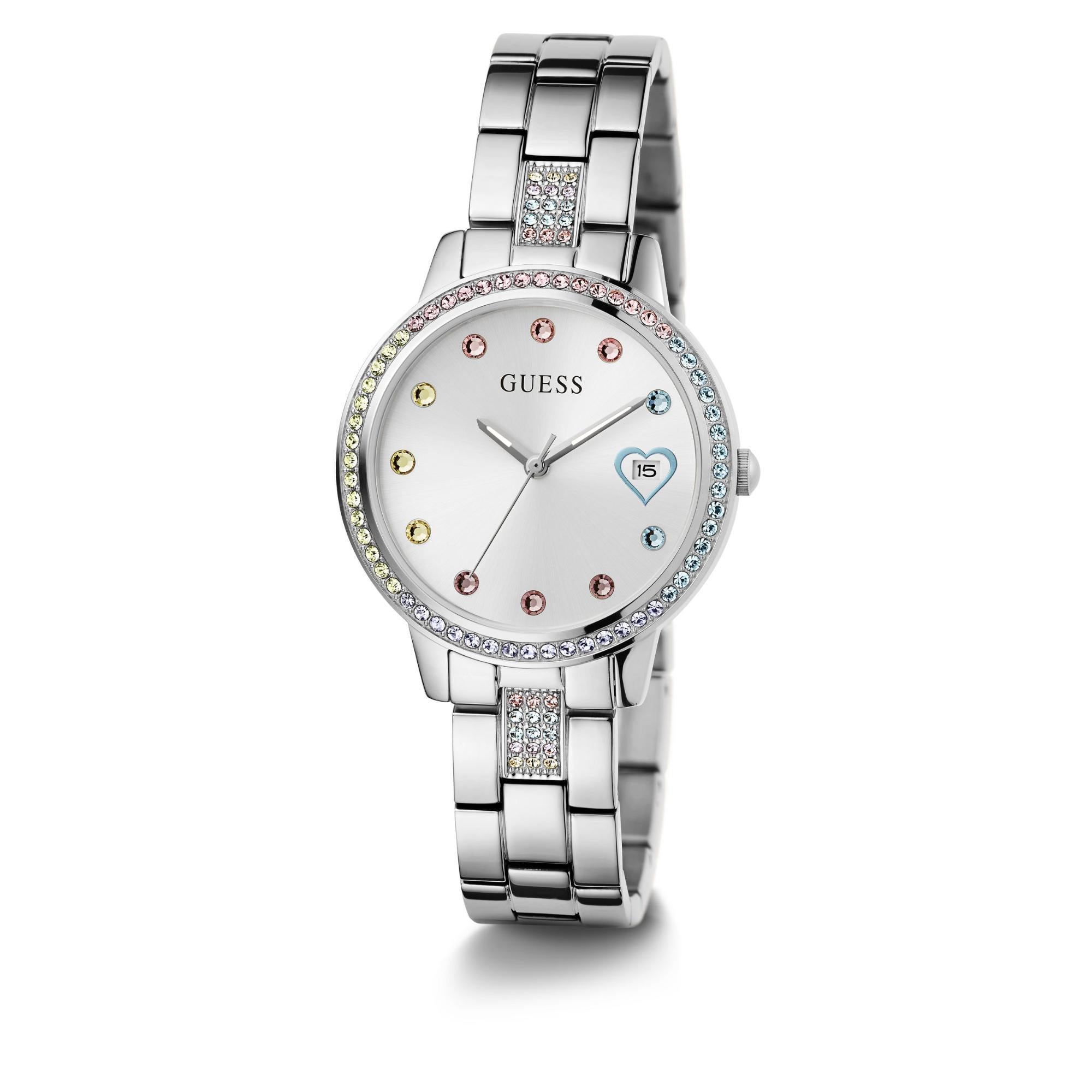 GUESS Silver Tone Date Stainless Steel Silver Dial Ladies Watch GW0657L1