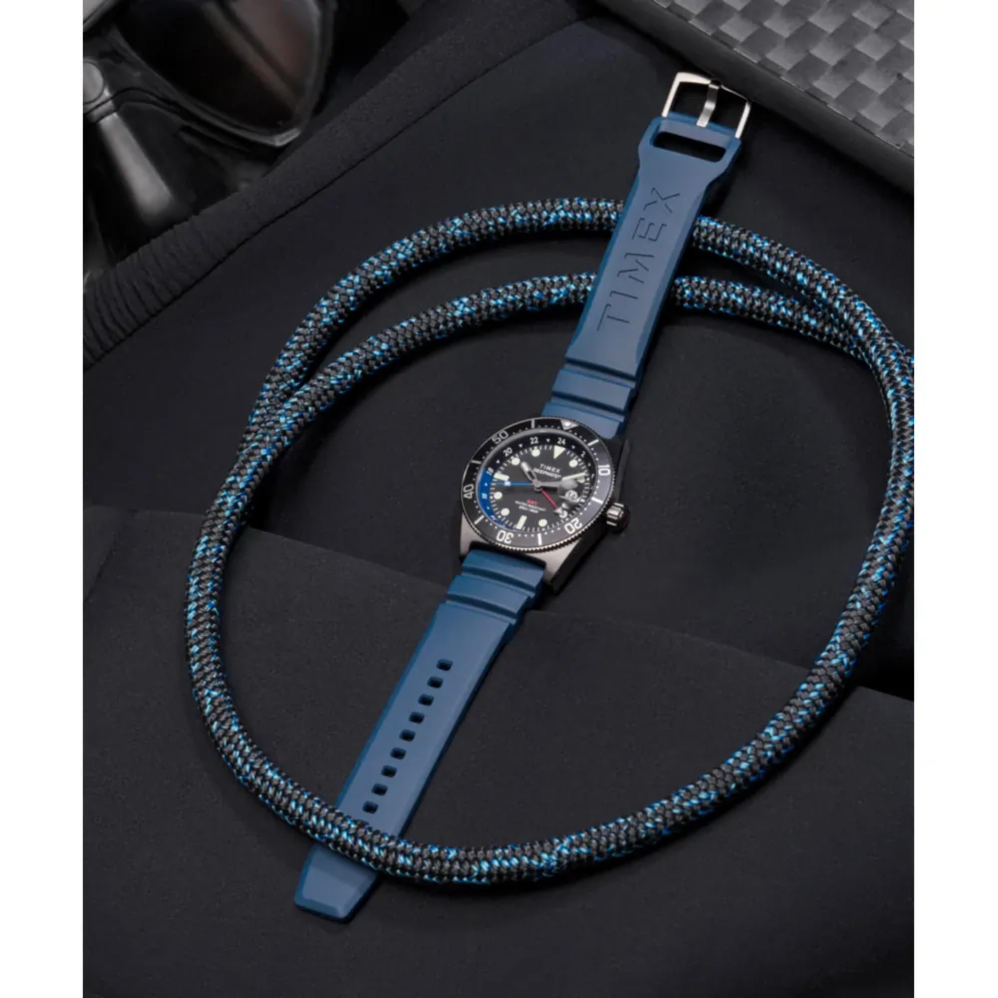 Timex Deep Water Reef 200 GMT Black Dial Blue Bezel Blue Rubber Strap Men’s Watch TW2W75100