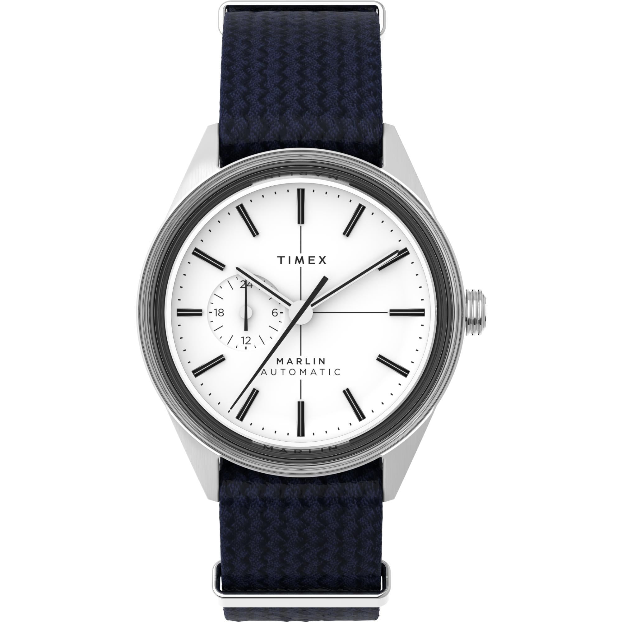 Timex Marlin Jet Automatic Stainless Steel Case Silver White Dial Navy Woven Fabric Strap Men’s Watch TW2V72300