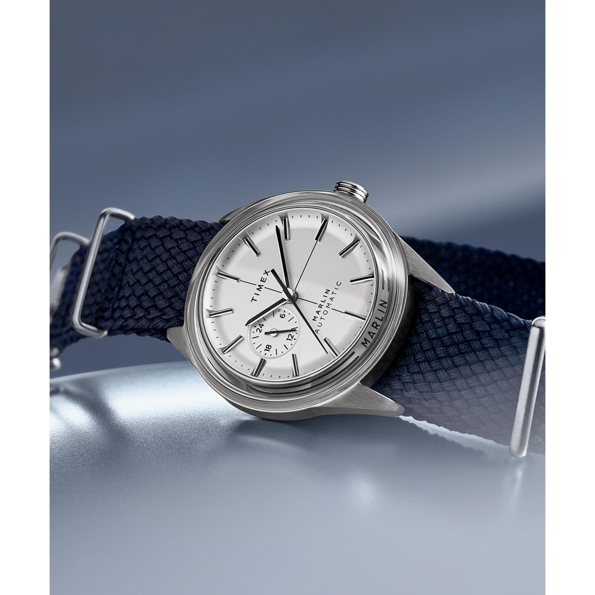 Timex Marlin Jet Automatic Stainless Steel Case Silver White Dial Navy Woven Fabric Strap Men’s Watch TW2V72300