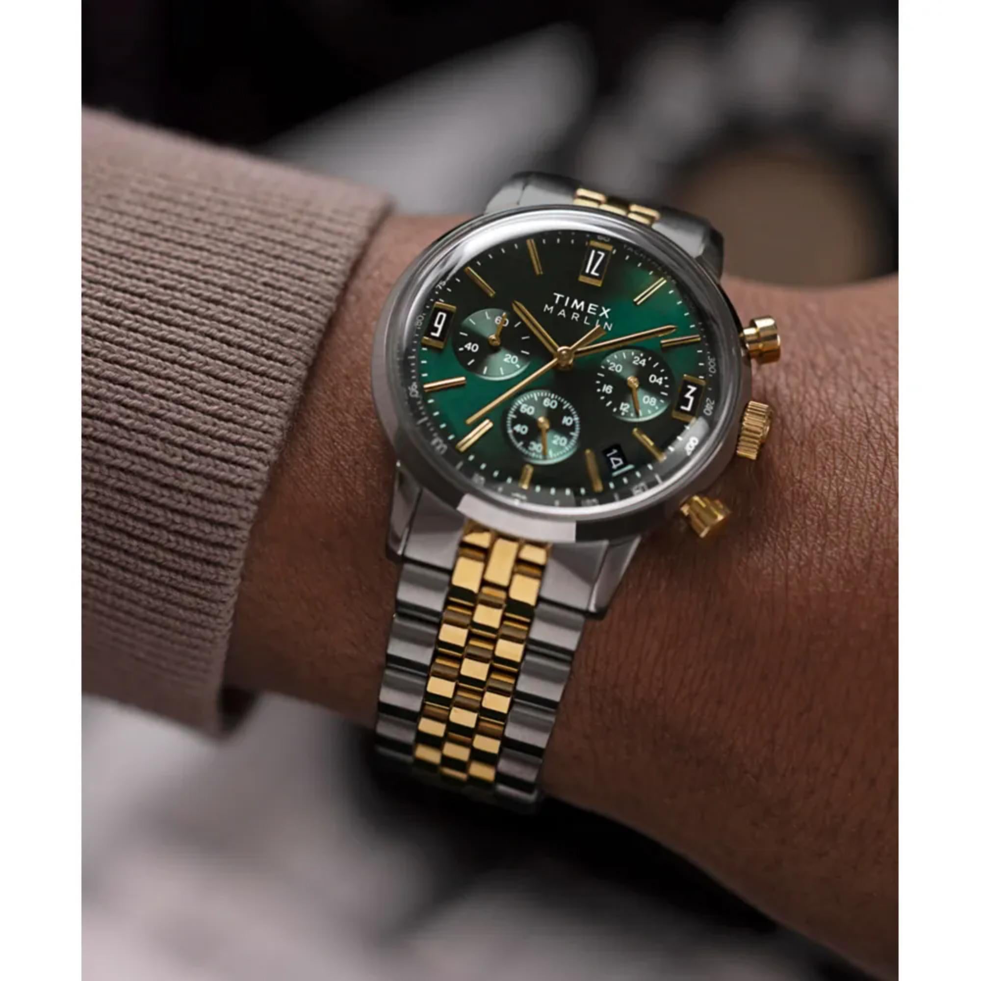 Timex Marlin Quartz Chronograph Two-Tone Case Green Dial Bracelet Men’s Watch TW2W60000 - WatchNation