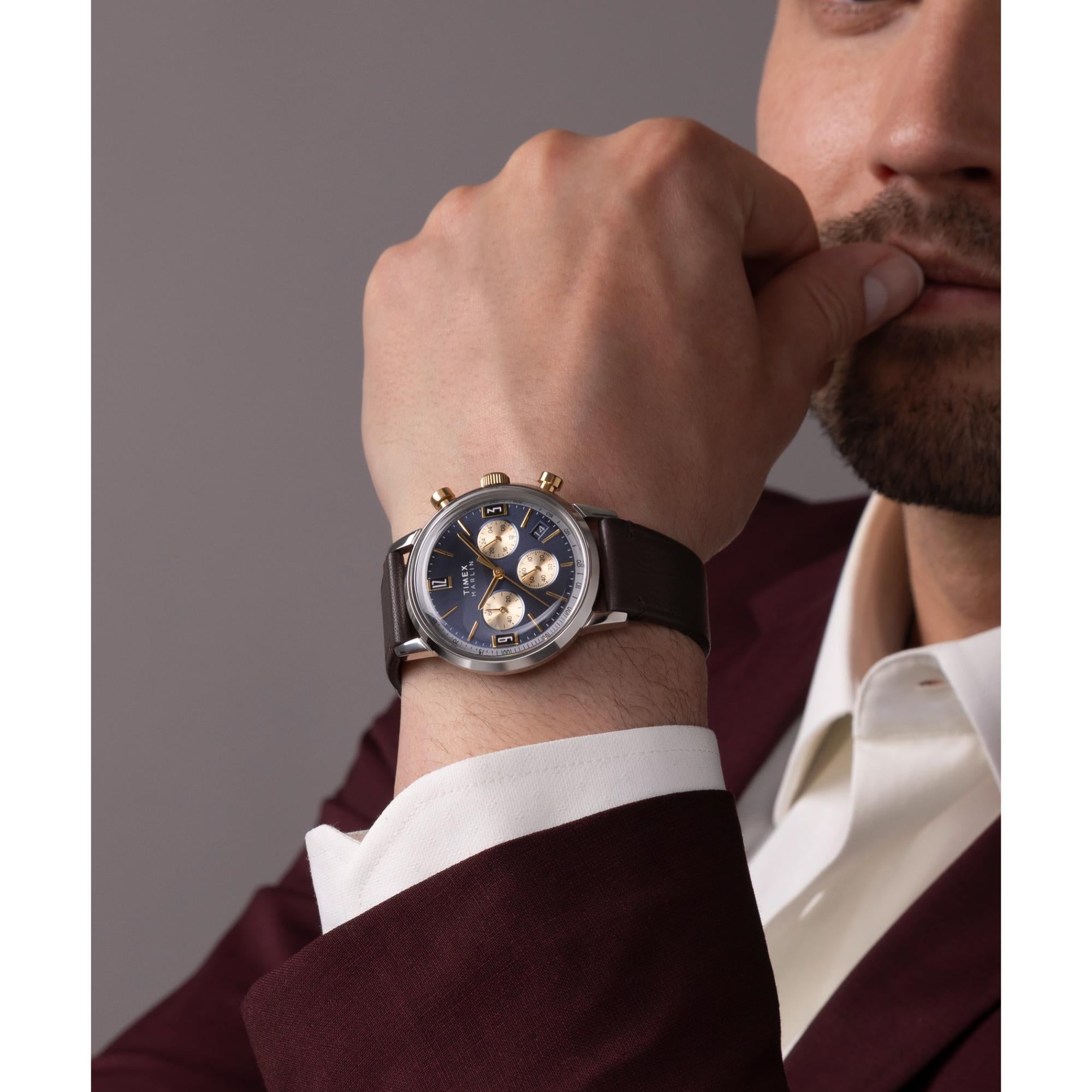 Timex Marlin Quartz Chronograph Two-Tone Case Blue Dial Brown Leather Strap Men’s Watch TW2W60400