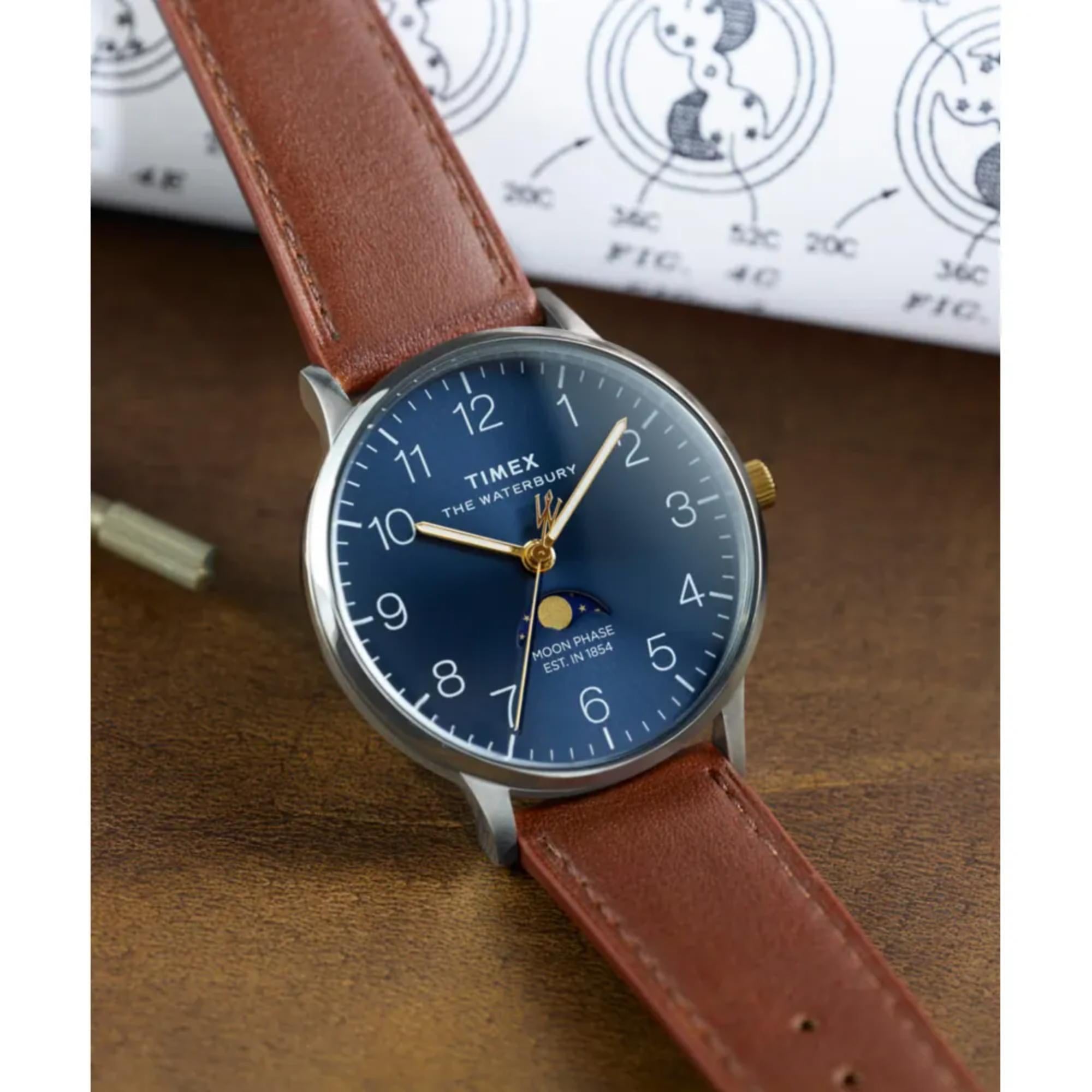 Timex Waterbury Classic Moon Phase Blue Dial Leather Strap Men’s Watch TW2W75600