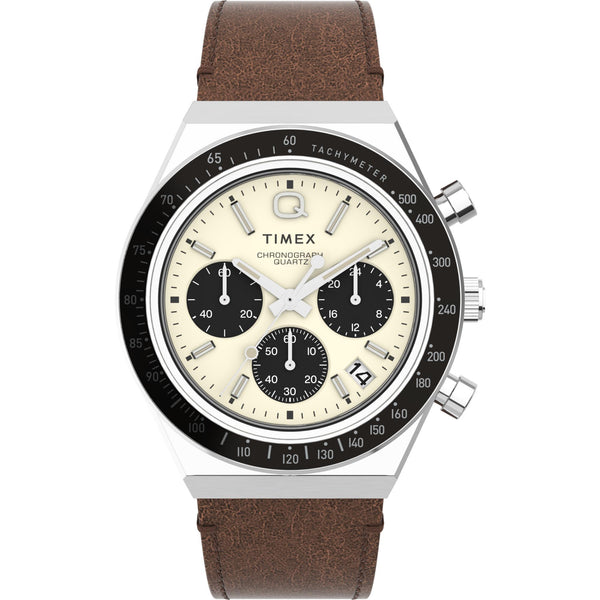 Timex Q Diver-Inspired Chrono Cream Dial Brown Leather Strap Men's Watch TW2V42800