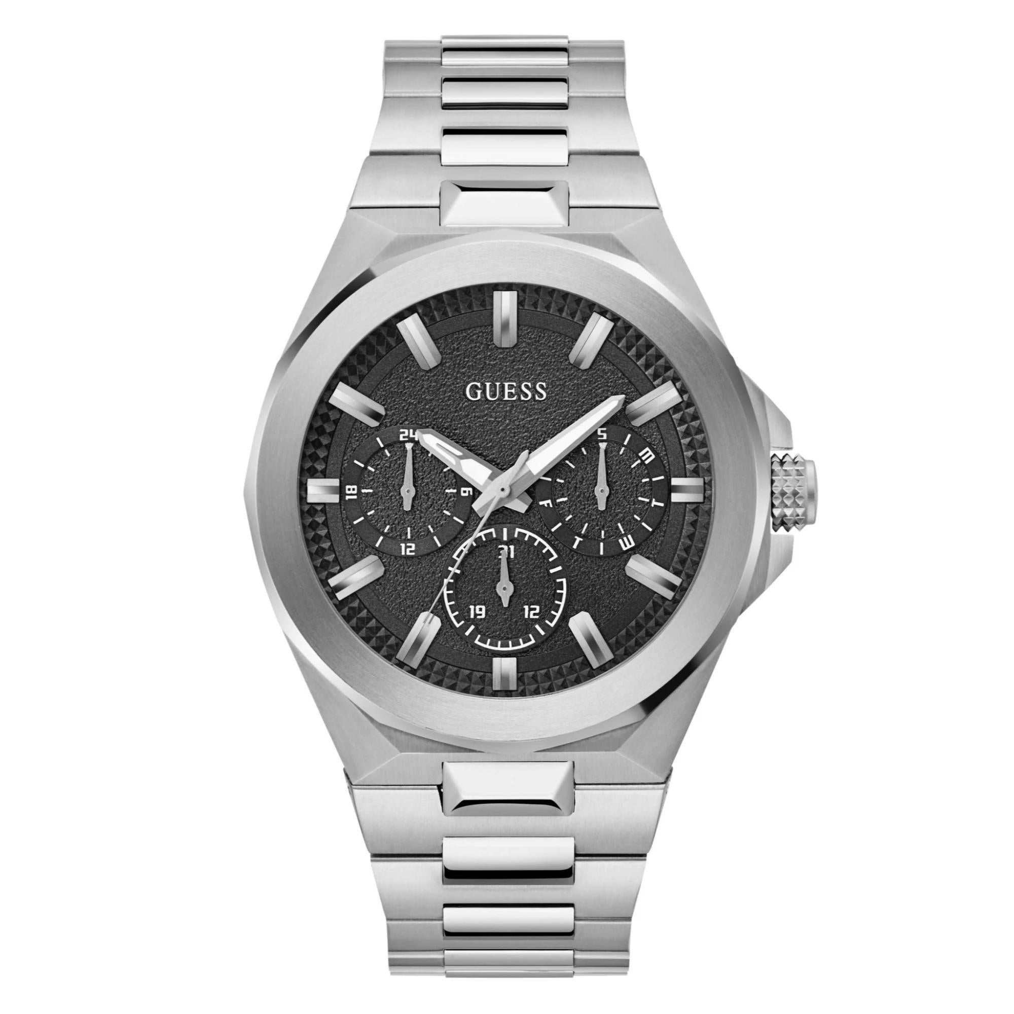 GUESS Multifunction Gents Dashboard Silver Tone Recycled Steel Strap Black Dial Men’s Watch GW0798G1