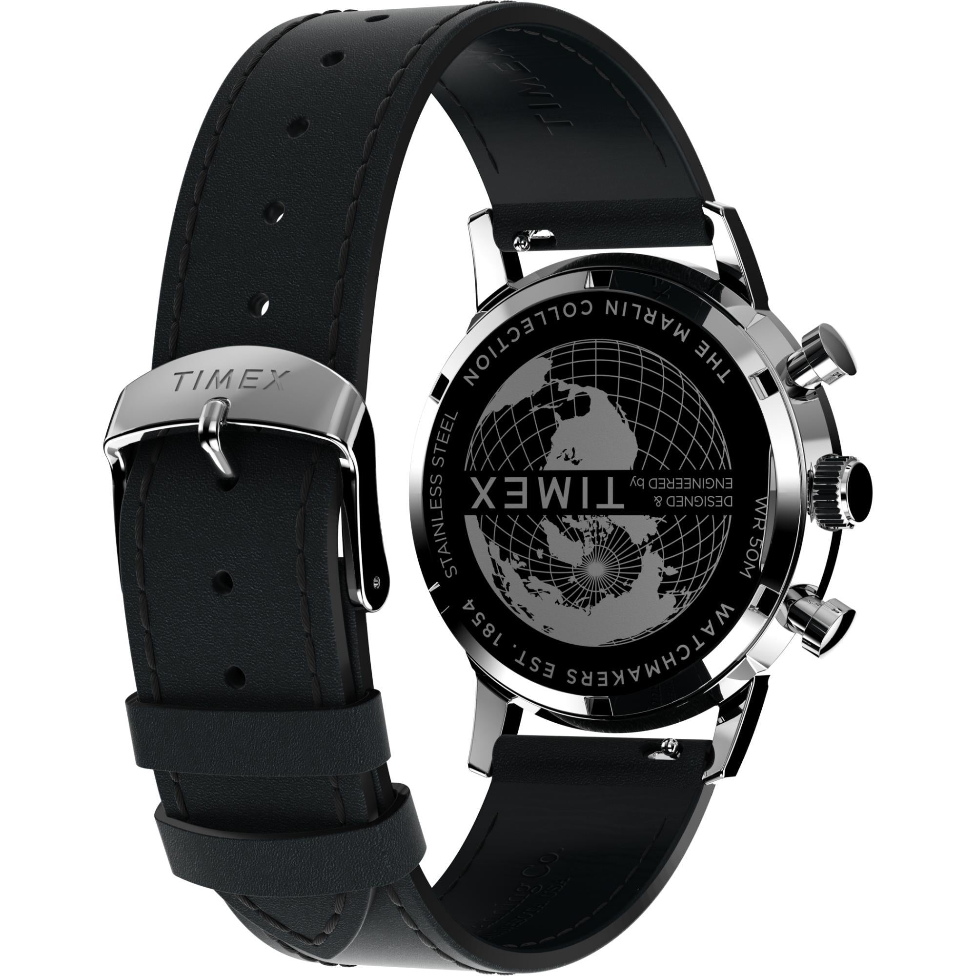 Timex Marlin Chronograph Tachymeter Silver Tone Dial Black Leather Strap Men’s Watch TW2W10300