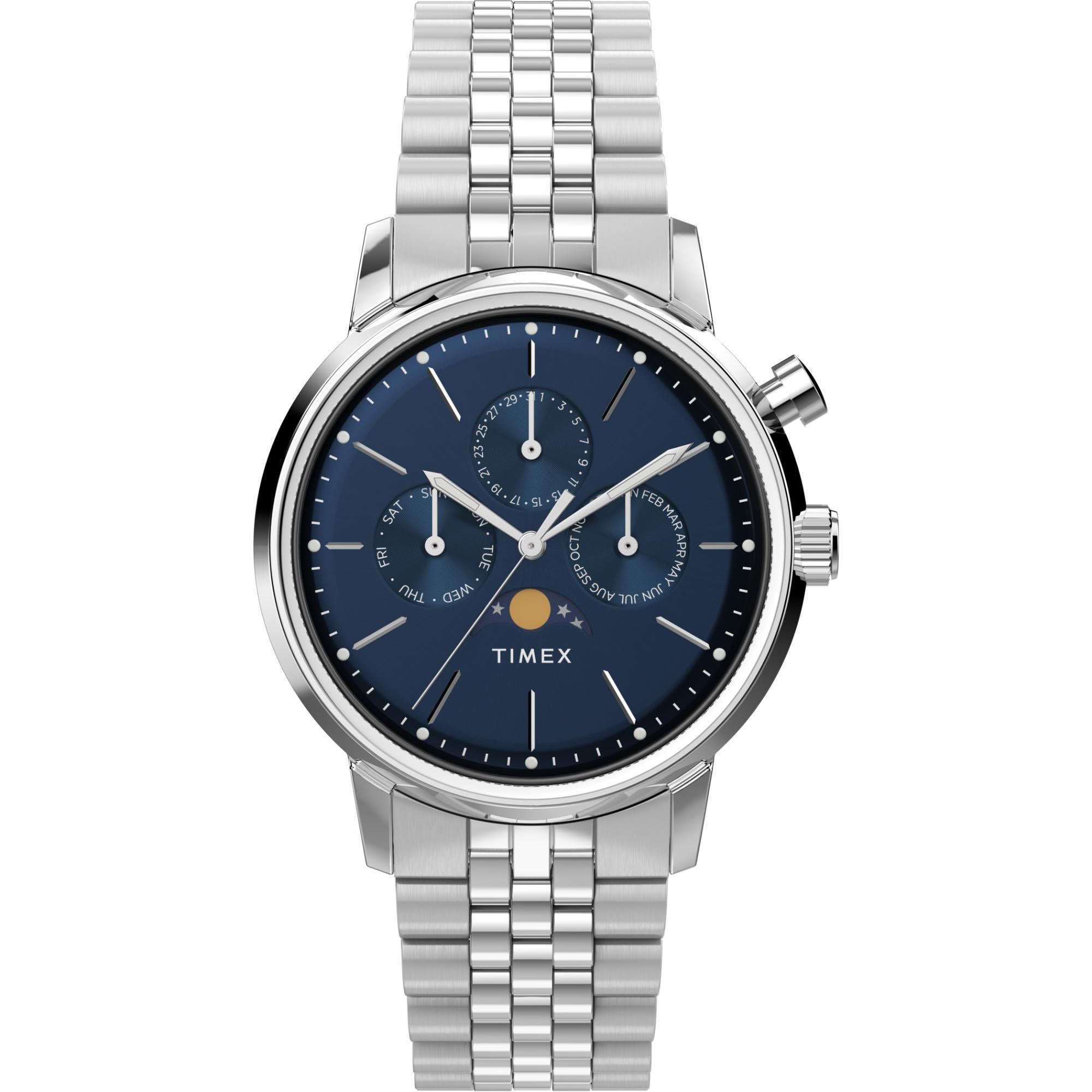 Timex Marlin Quartz Moon Phase Stainless Steel Case Blue Dial Bracelet Men’s Watch TW2W51300