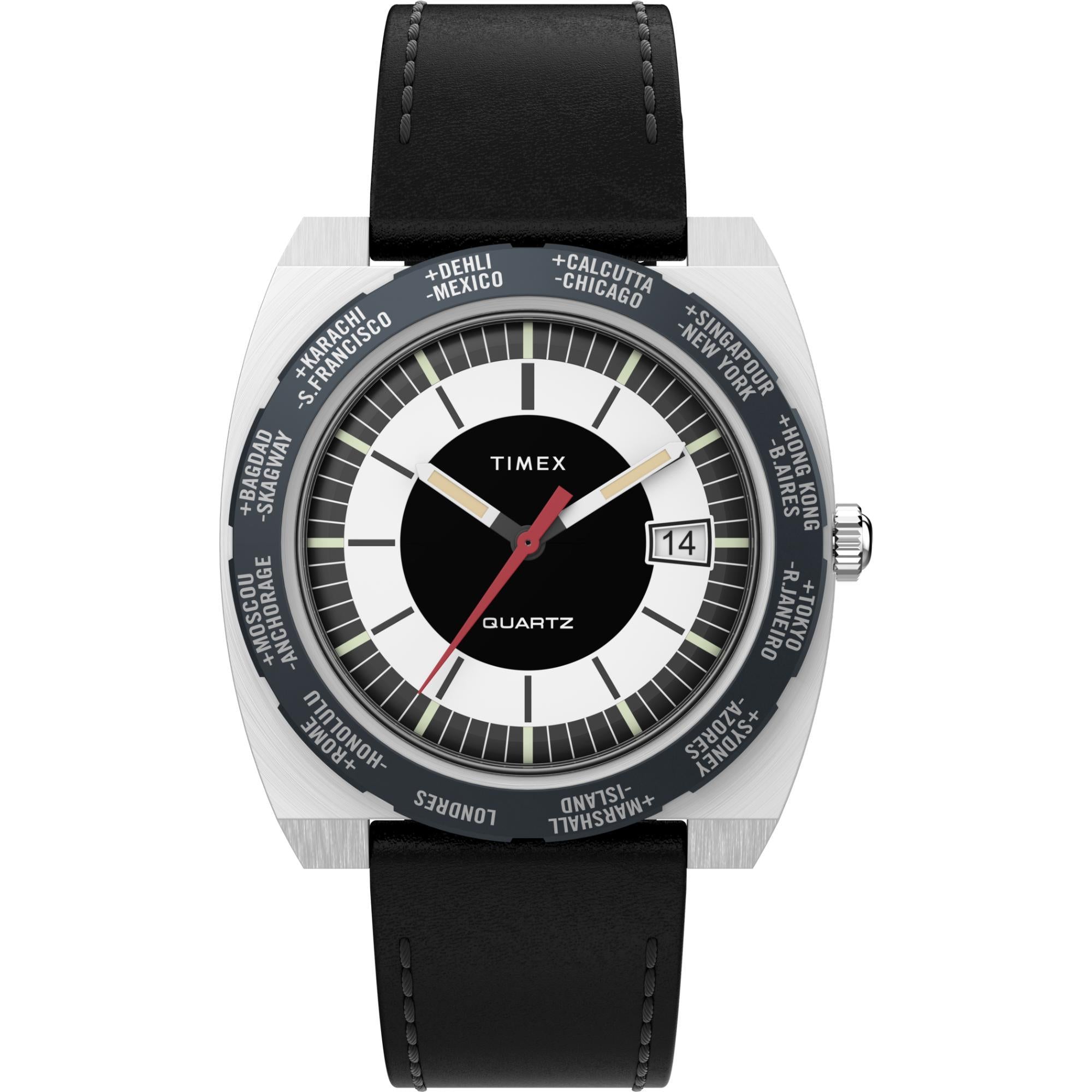 Timex World Time Ring Black Dial Leather Strap Men’s Watch TW2V69500
