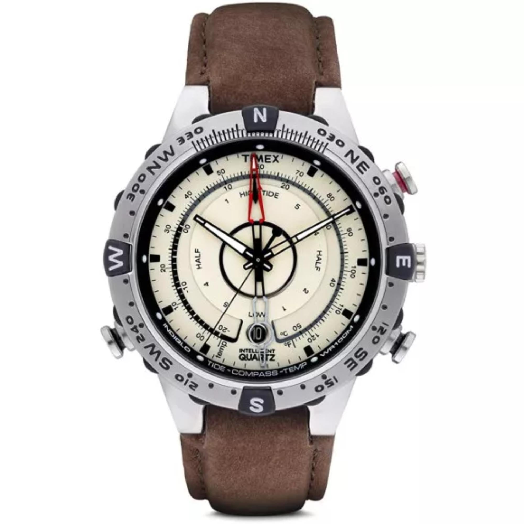 Timex IQ Tide Temp Compass Cream Dial Brown Leather Strap Men’s Watch T2N721