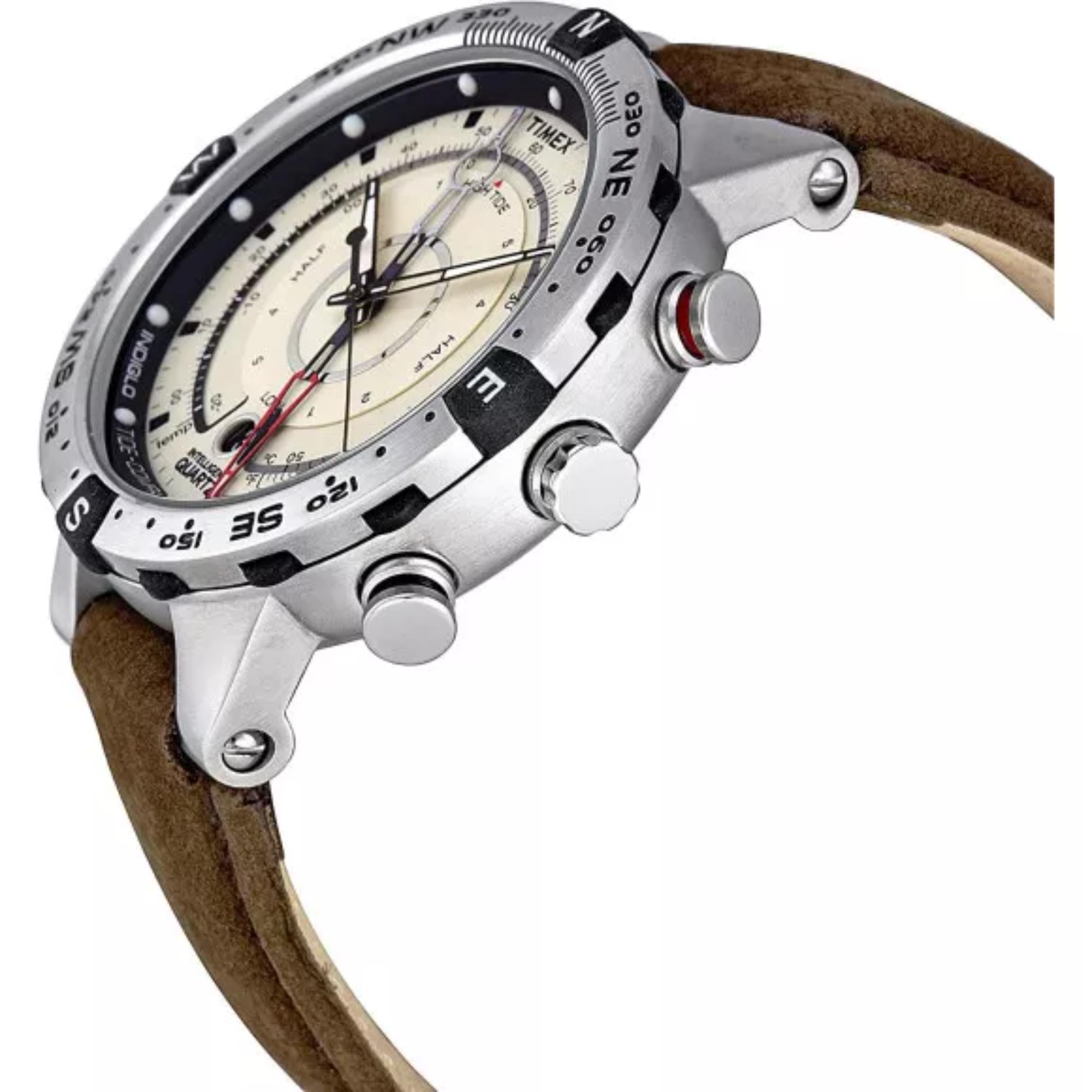 Timex IQ Tide Temp Compass Cream Dial Brown Leather Strap Men’s Watch T2N721