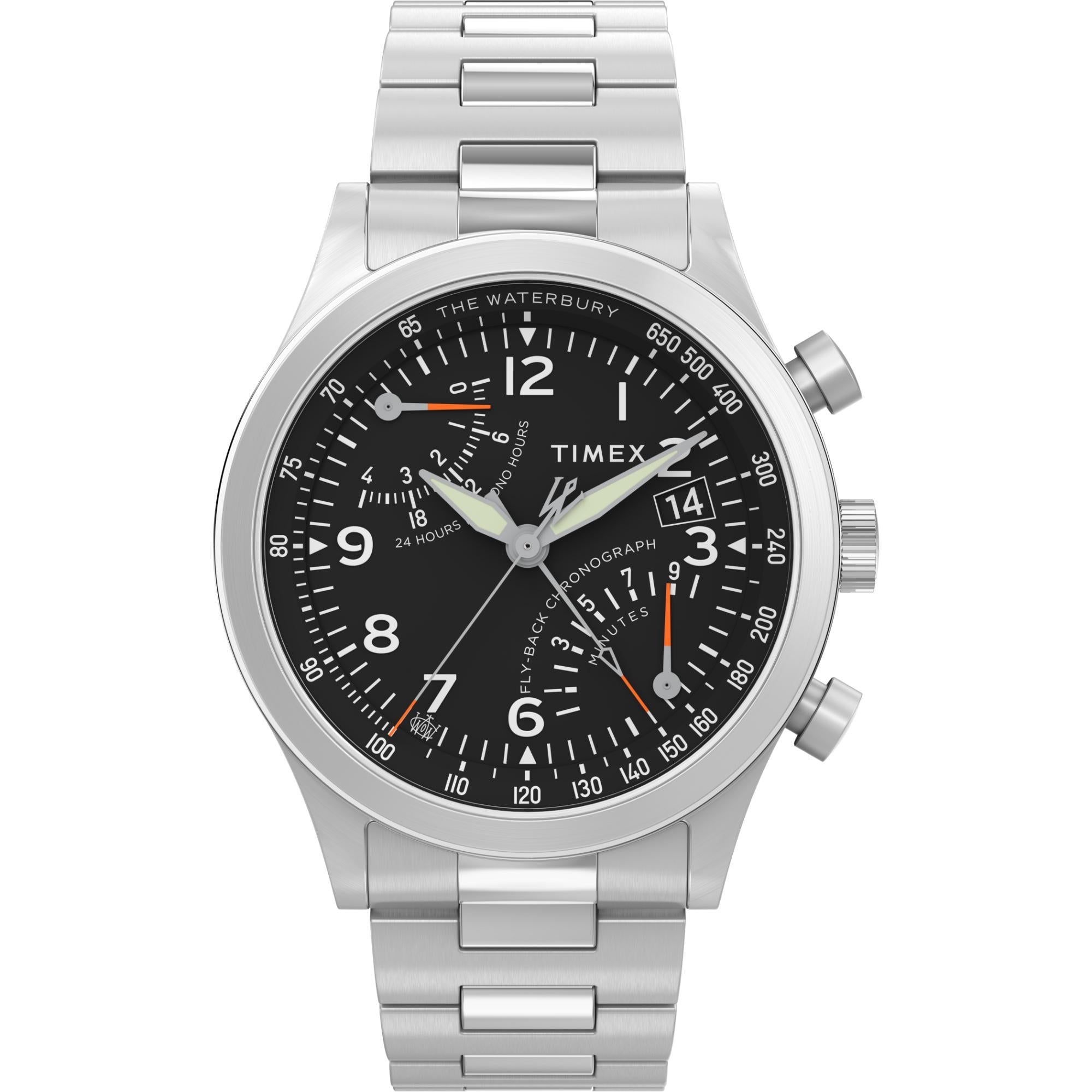 Timex Waterbury Traditional Fly-Back Chronograph Black Dial Steel Strap Men’s Watch TW2W47800