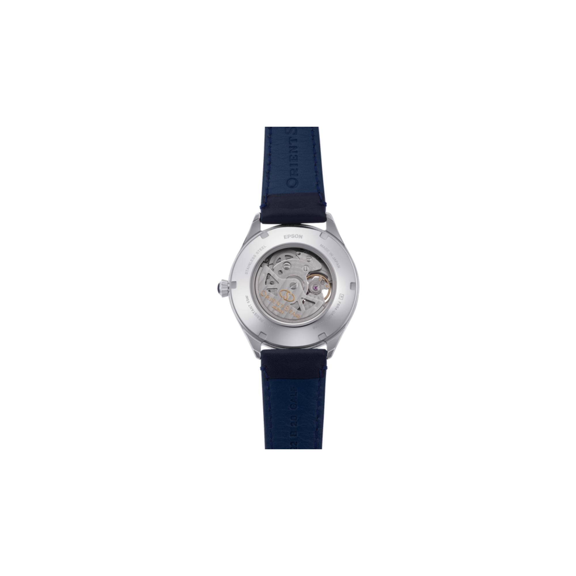 Orient Star Semi Skeleton 40mm Power Reserve Blue Dial Leather Mens Automatic Watch RE-AT0203L00B