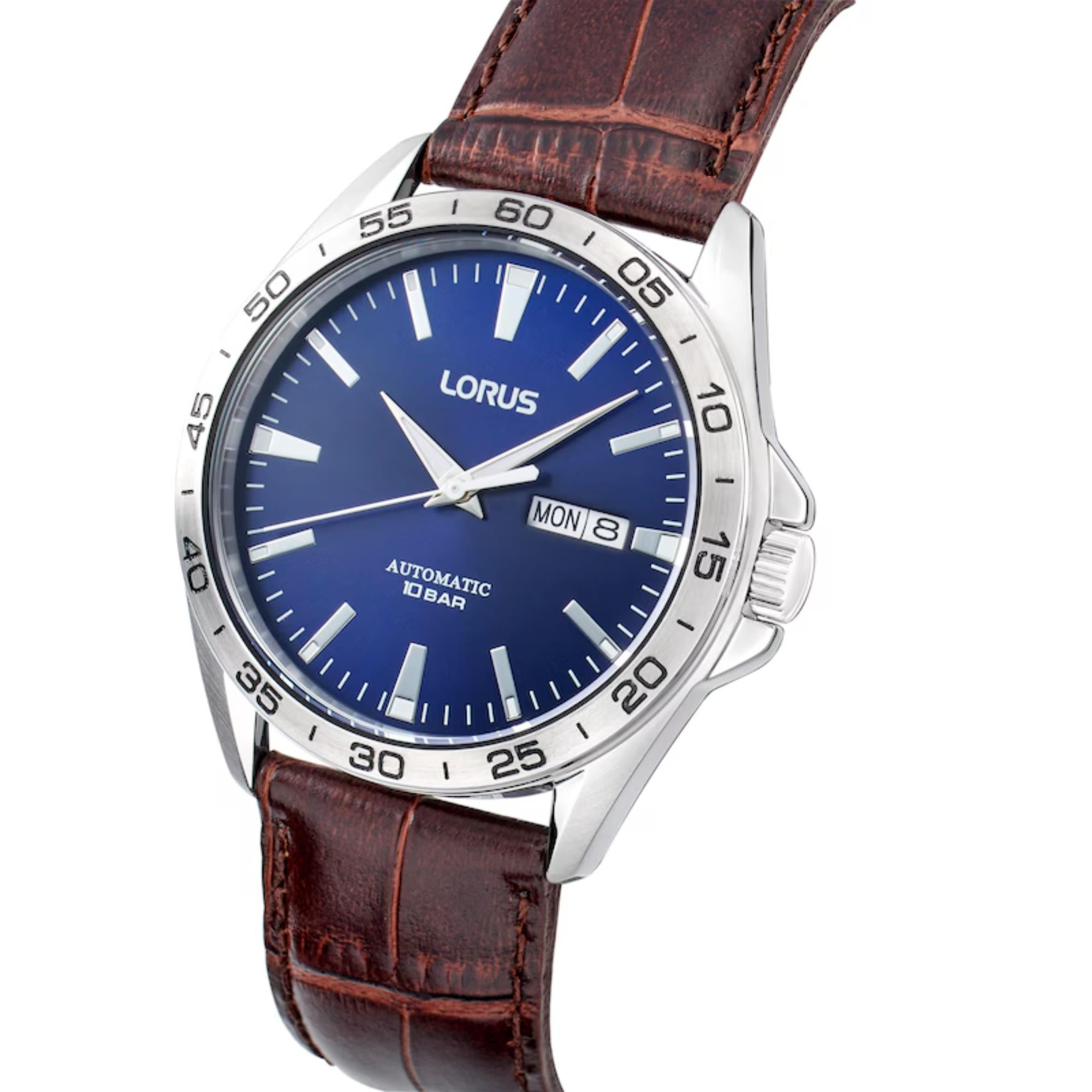 Lorus Automatic Brown Leather Strap Dark Blue Sunray Dial Men's Watch RL487AX9