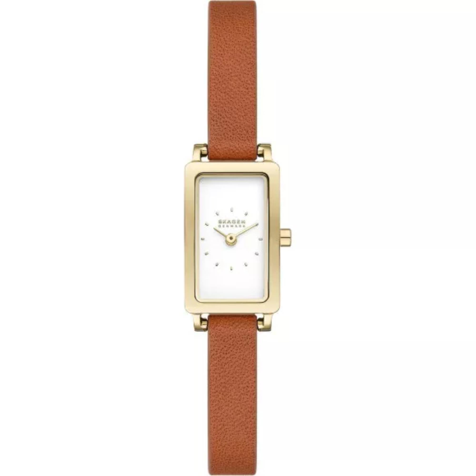Skagen Hagen Micro White Rectangular Dial Brown Leather Strap Women's Watch SKW3149