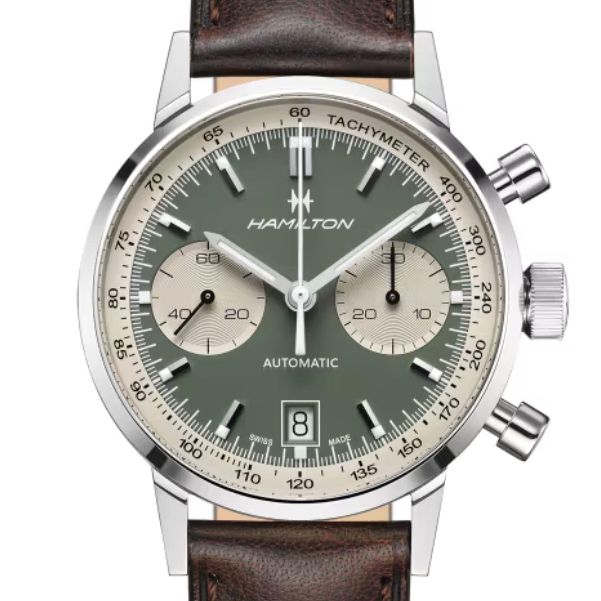 Hamilton American Classic Intra-Matic Auto Chrono Green Dial Leather Bracelet Men's Watch H38416560