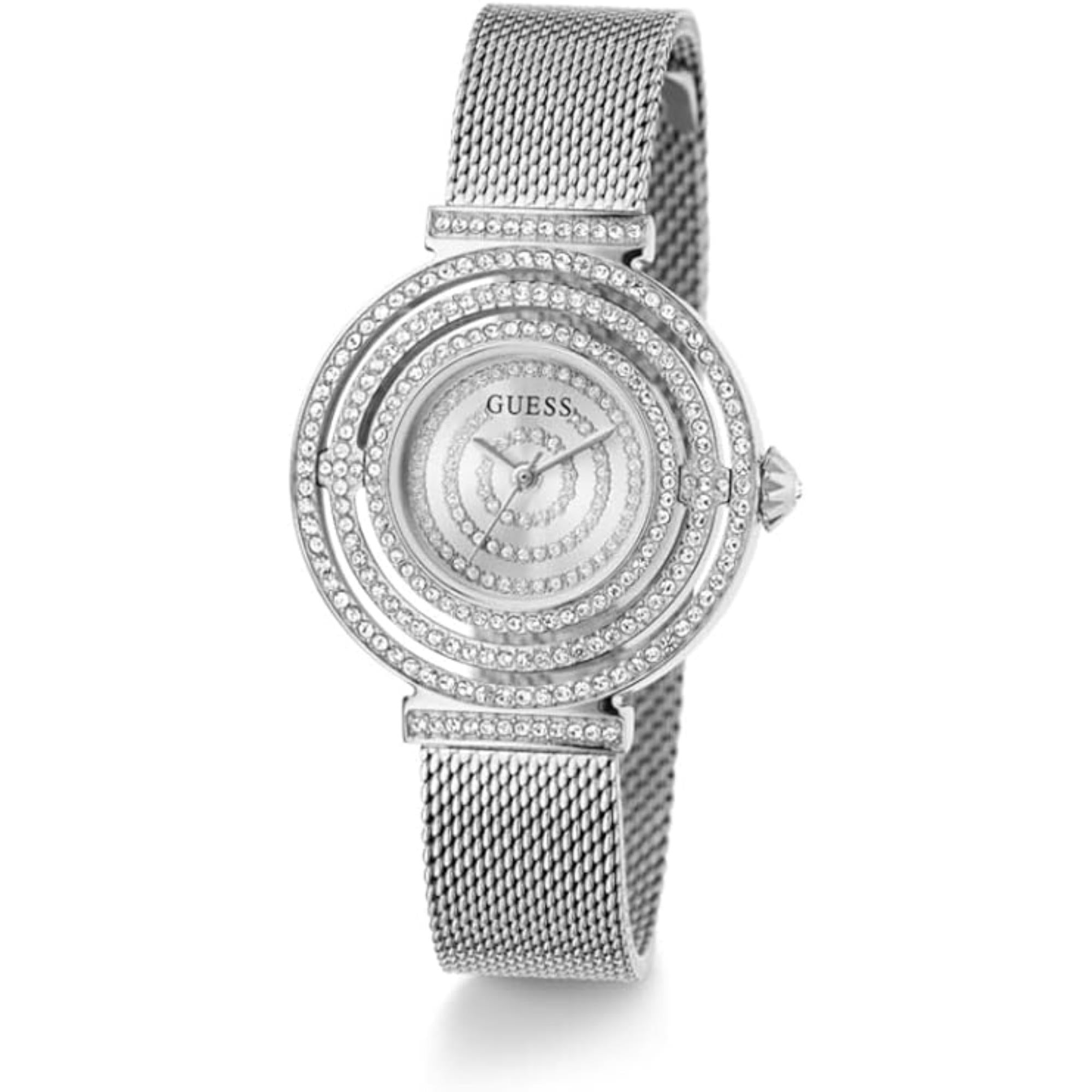 Guess Women’s Silver Crystal Dial Steel Mesh Bracelet Watch GW0550L1