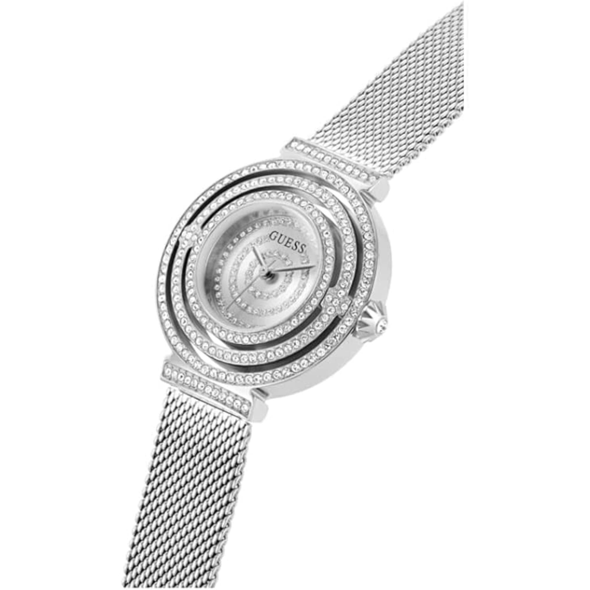 Guess Women’s Silver Crystal Dial Steel Mesh Bracelet Watch GW0550L1
