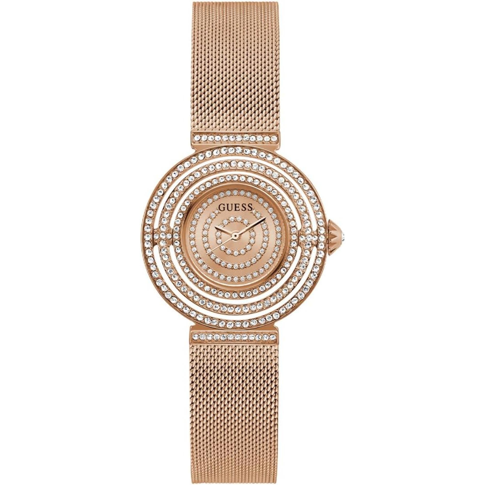 Guess Women's Rose Gold Crystal Dial Rose Gold Tone Steel Mesh Bracelet Watch GW0550L3