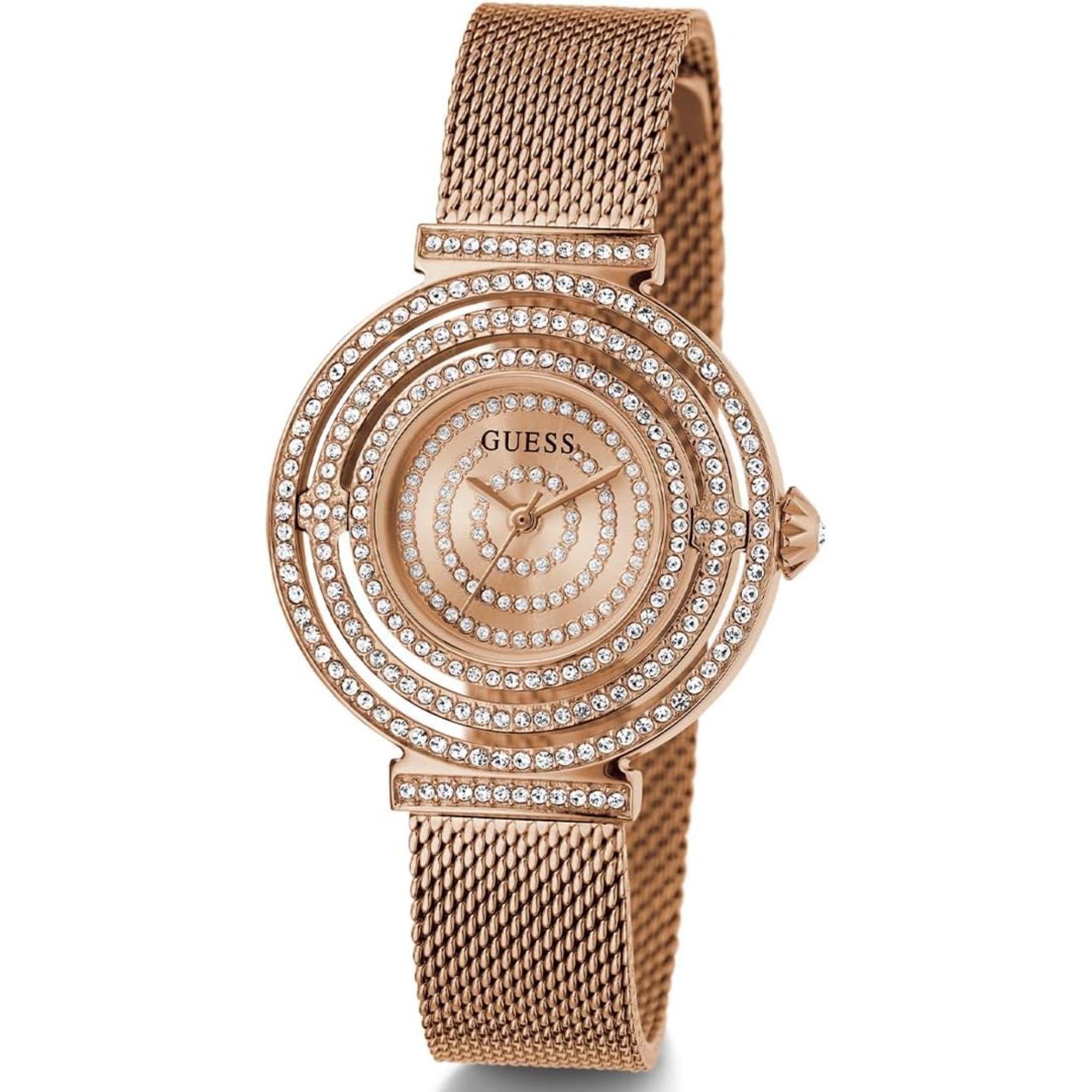 Guess Women's Rose Gold Crystal Dial Rose Gold Tone Steel Mesh Bracelet Watch GW0550L3