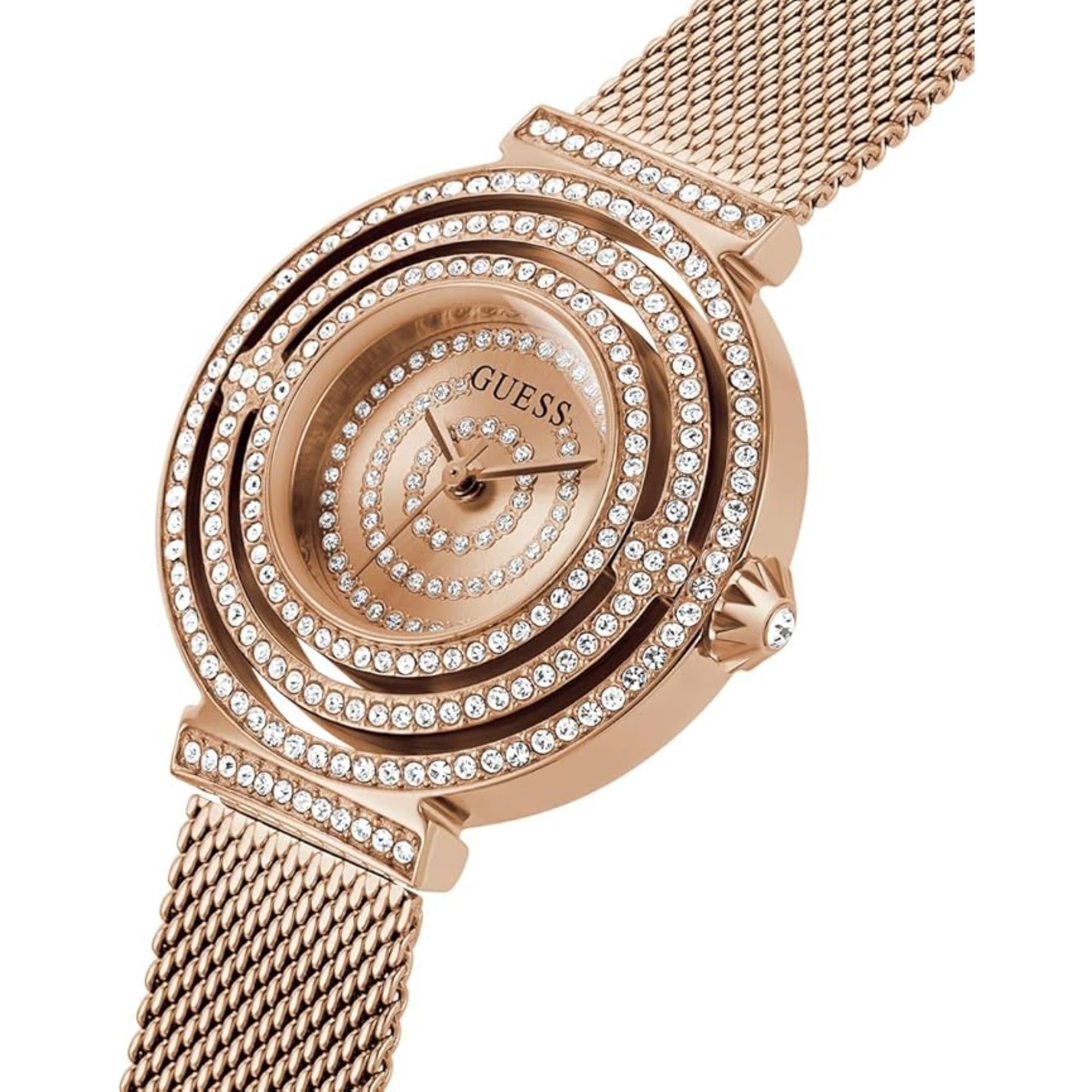 Guess Women's Rose Gold Crystal Dial Rose Gold Tone Steel Mesh Bracelet Watch GW0550L3