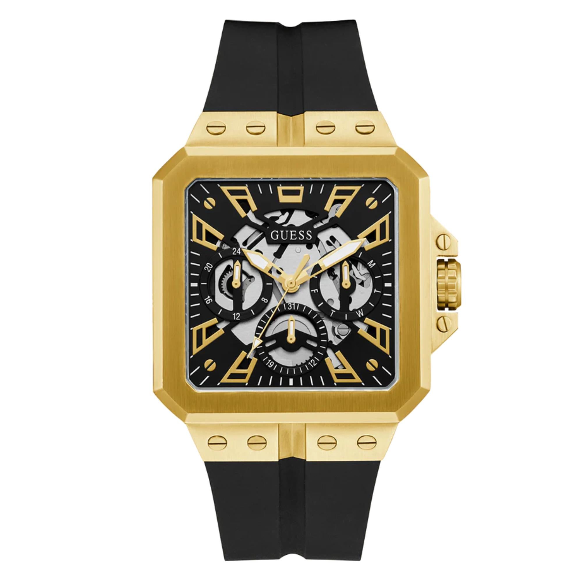 Guess Men's Leo Black Dial Black Silicone Strap Watch GW0637G2
