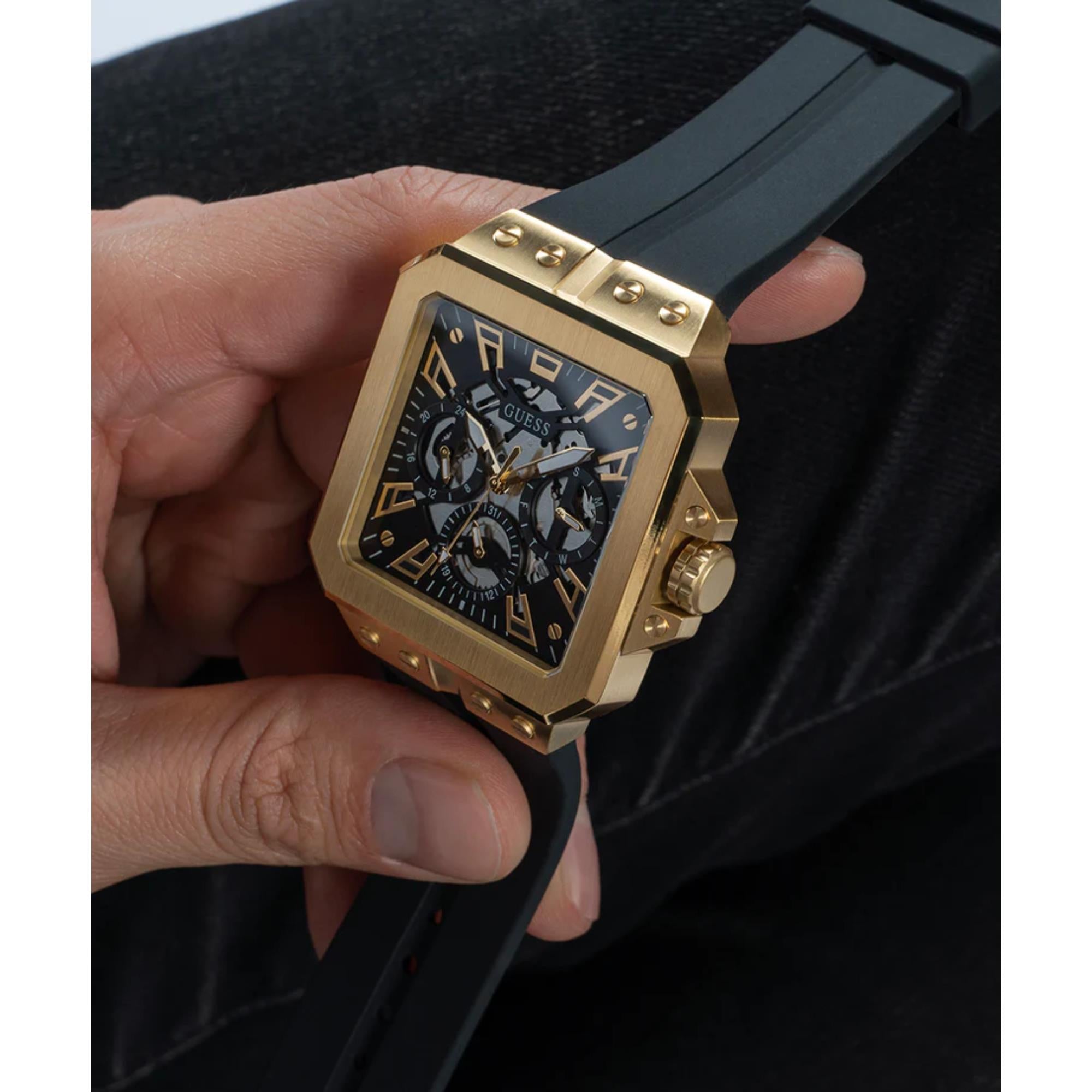 Guess Men's Leo Black Dial Black Silicone Strap Watch GW0637G2