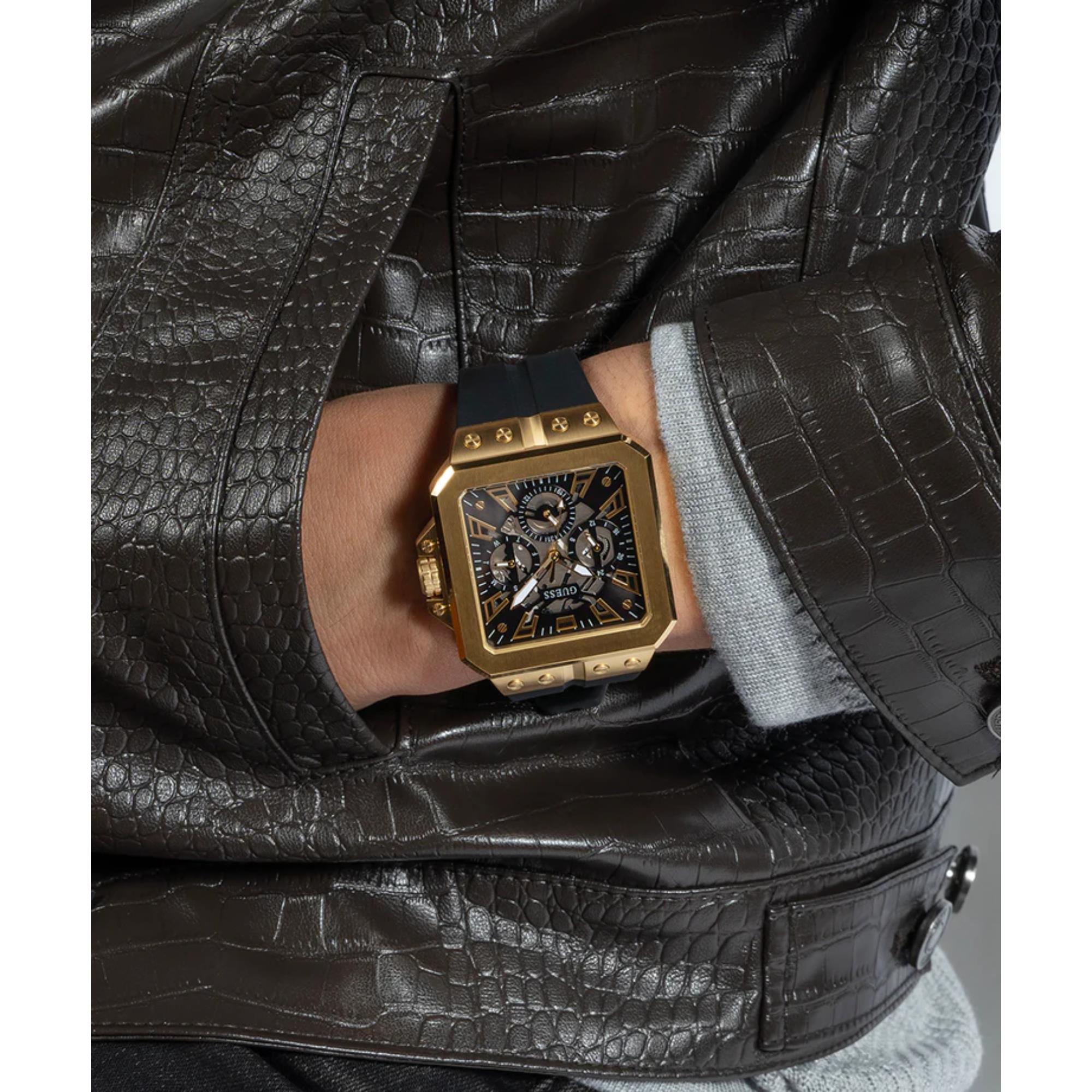 Guess Men's Leo Black Dial Black Silicone Strap Watch GW0637G2