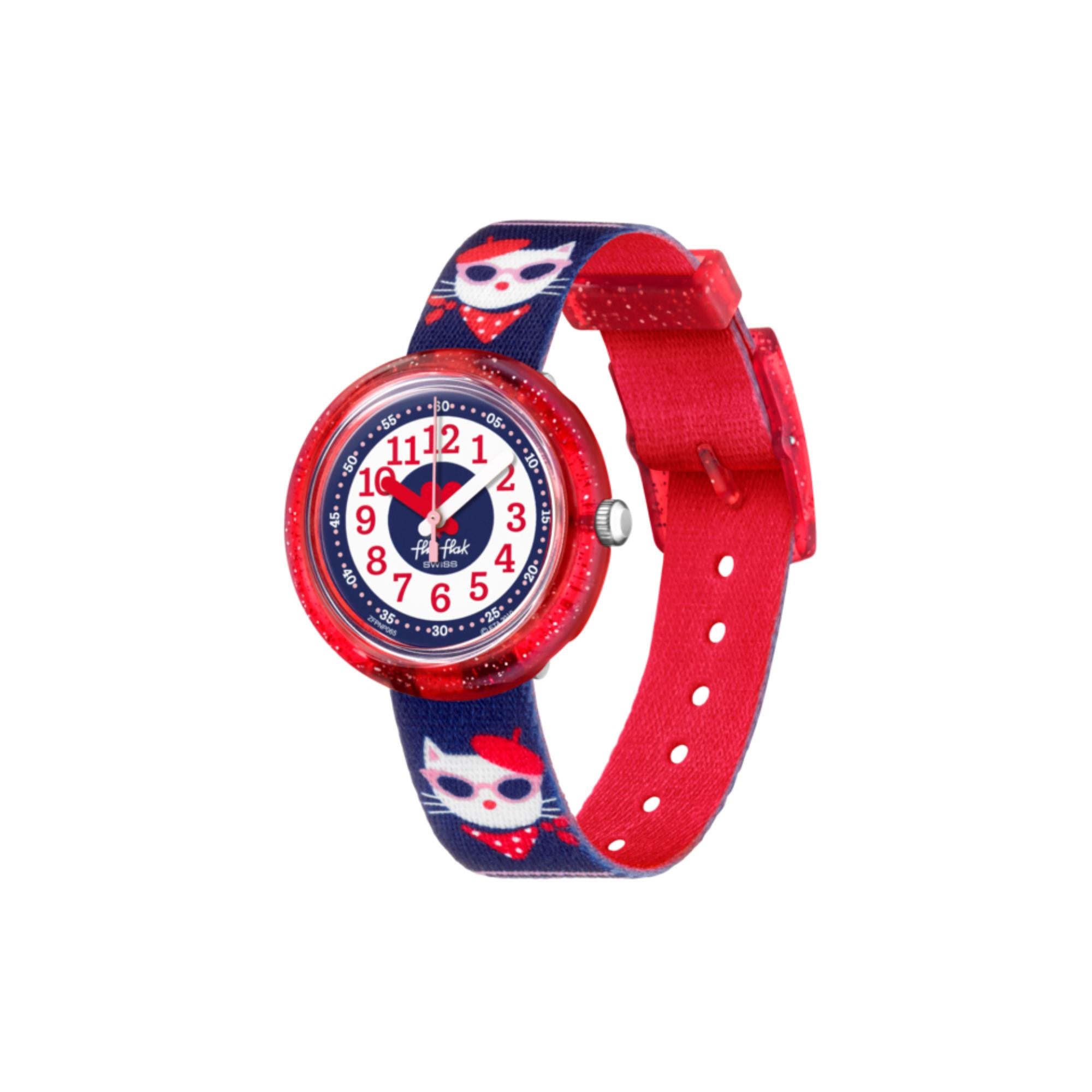 Flik Flak City of Life Catitude Quartz Movement Blue Dial Textile Bracelet Kids Watch FPNP065