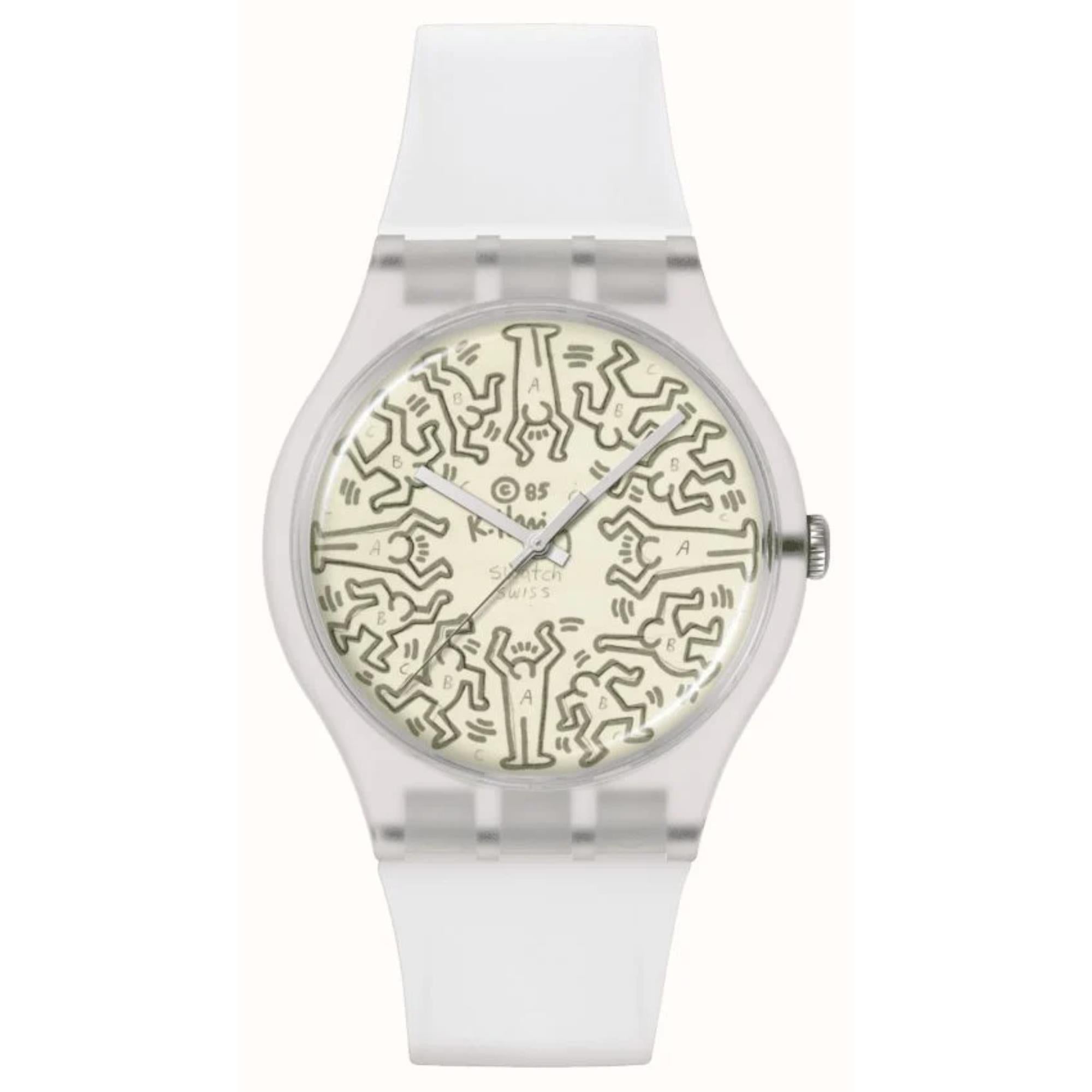 Swatch Quartz Break Free FROM THE ARCHIVE Beige Illustrated Dial Transparent Silicone Strap SO29Z145