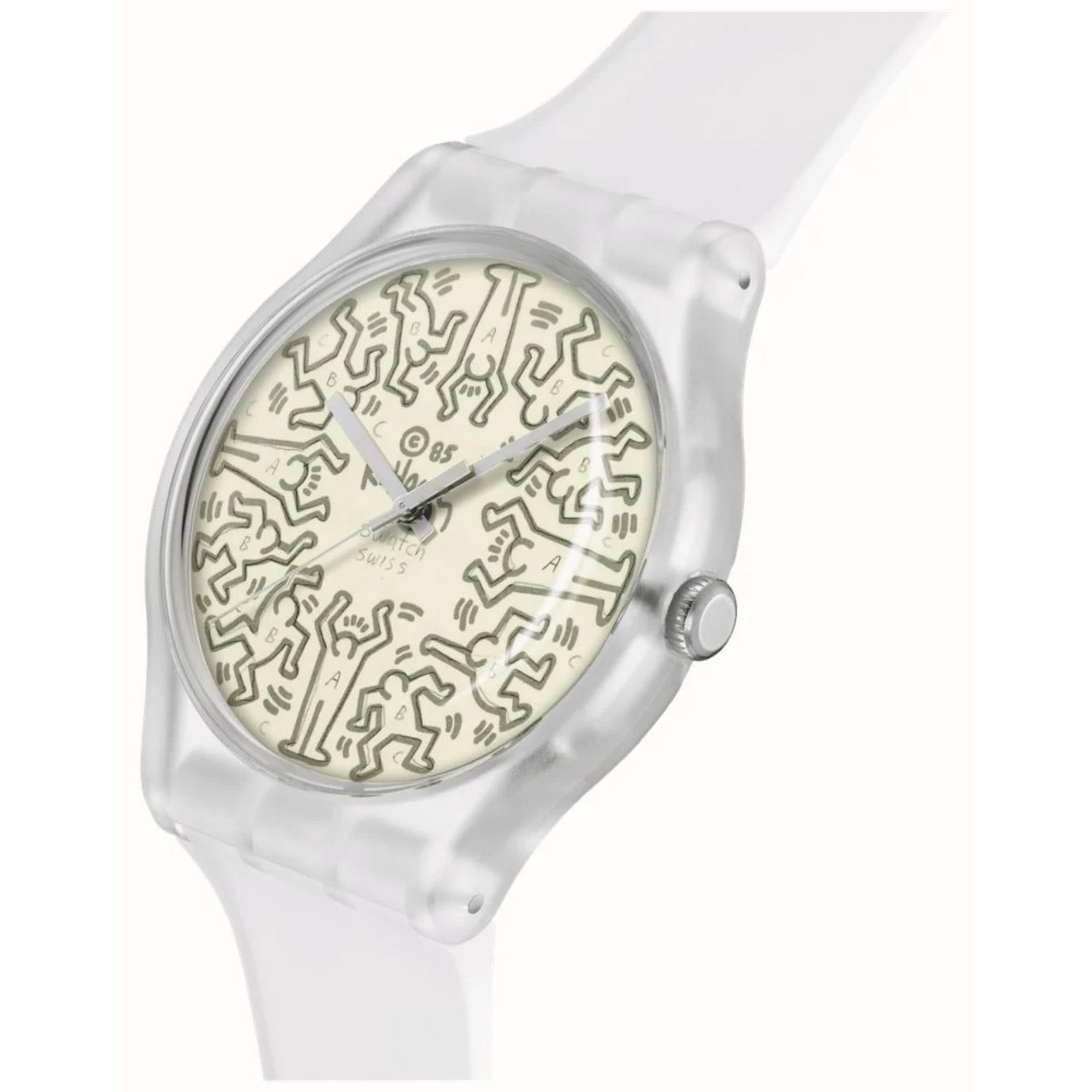 Swatch Quartz Break Free FROM THE ARCHIVE Beige Illustrated Dial Transparent Silicone Strap SO29Z145