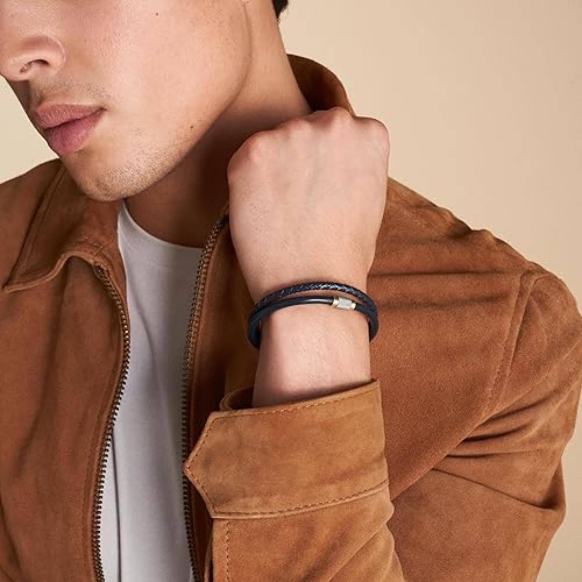 Fossil All Stacked Up Navy Leather Multi-Strand Men's Bracelet JF04703998