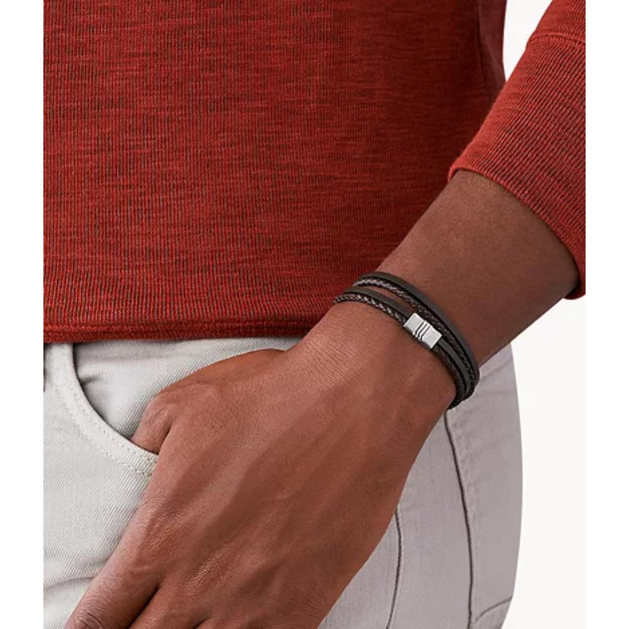 Fossil Brown Multi-Strand Braided Leather Men's Bracelet JF02934040