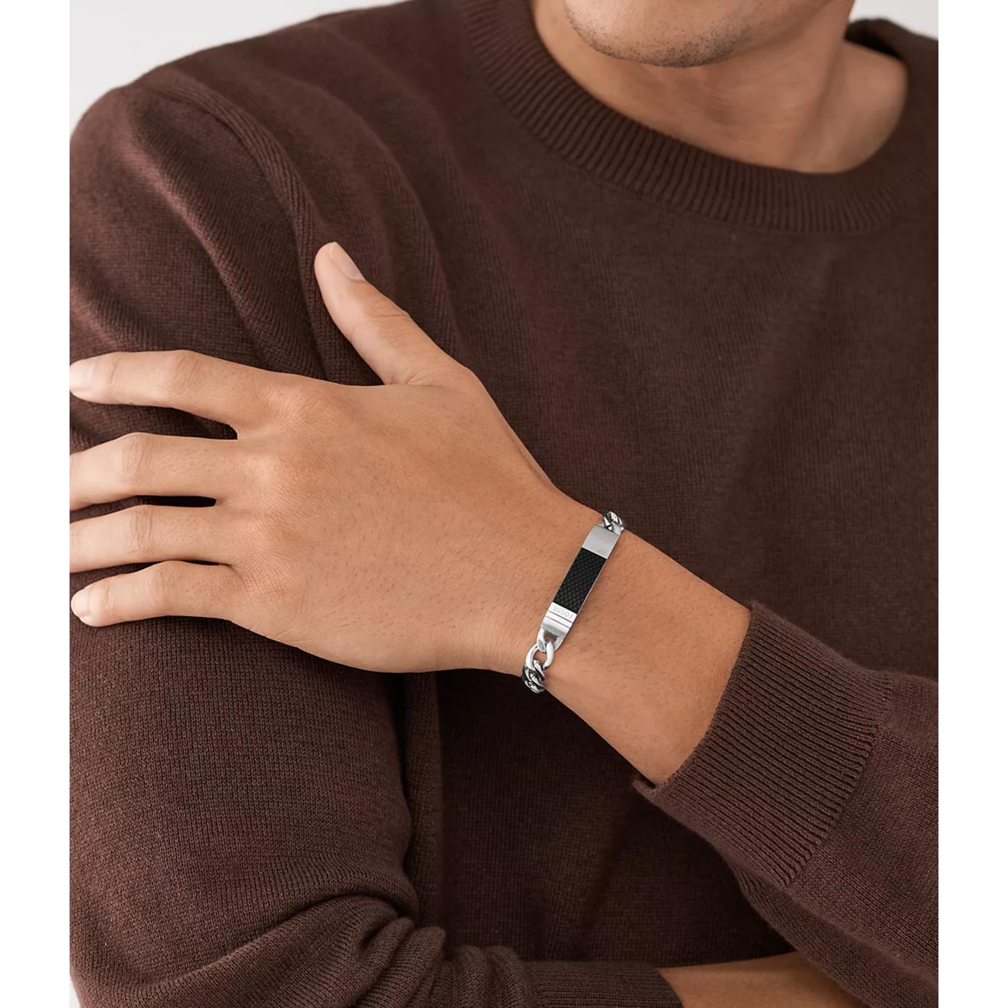 Fossil Textured Plaque Stainless Steel Chain Men's Bracelet JF04411040
