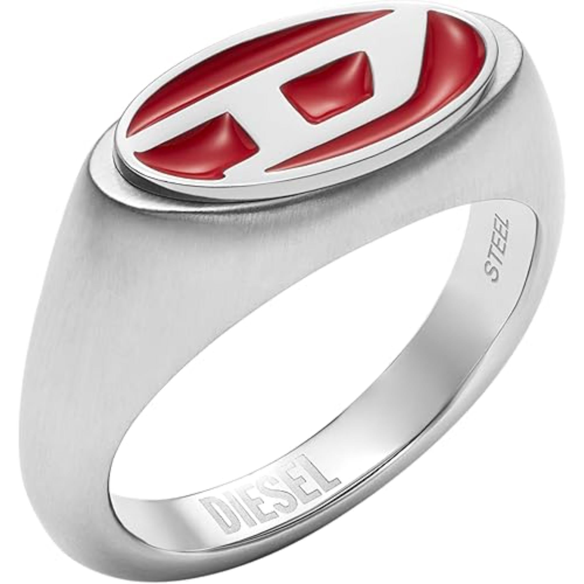 Diesel Unisex Red Lacquer & Silver Stainless Steel Logo Signet Ring DX1444040-8