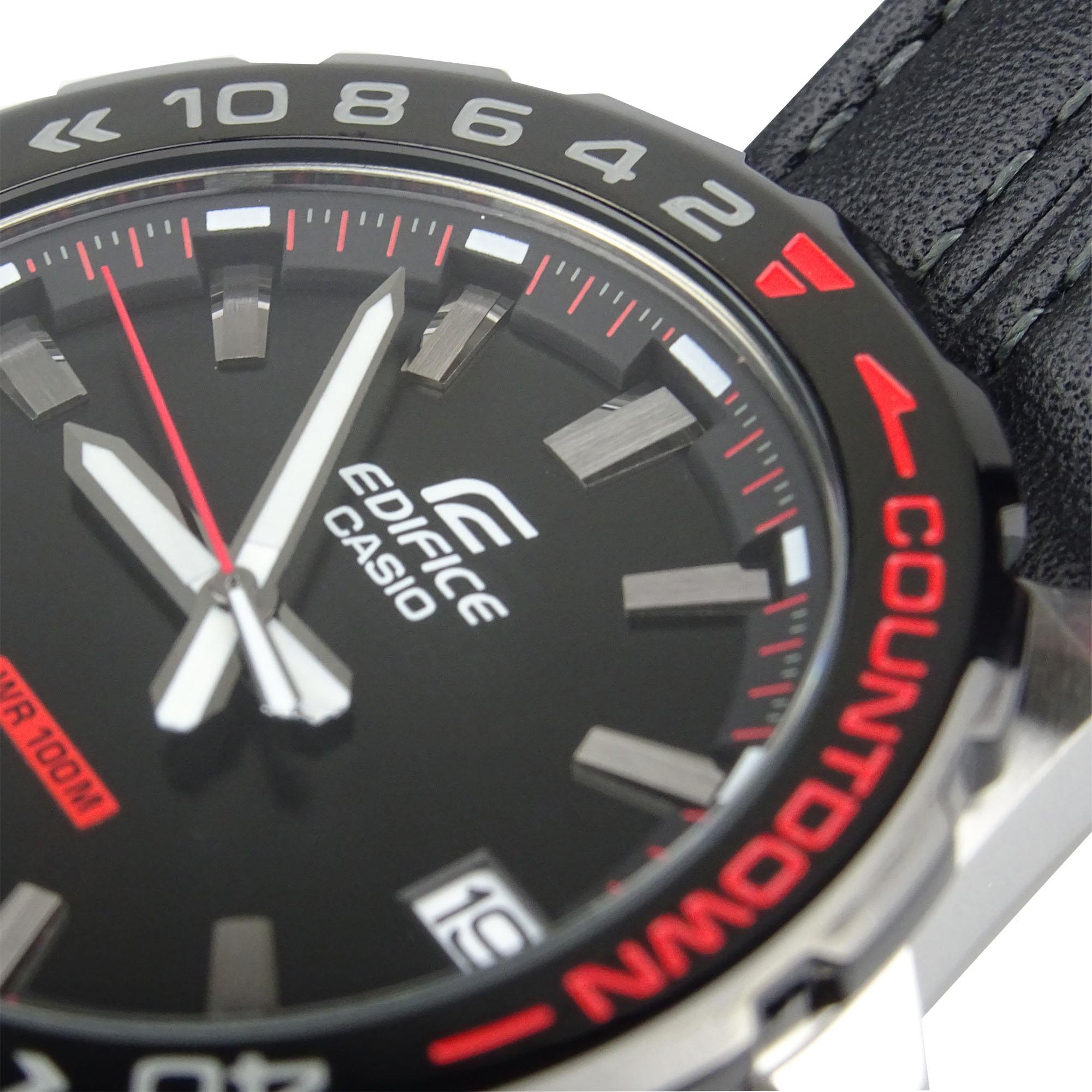 EX-DISPLAY Casio Edifice Quartz Countdown Bezel Stainless Steel Case Black Leather Strap Men's Watch EFV-120BL-1AVUEF - ED