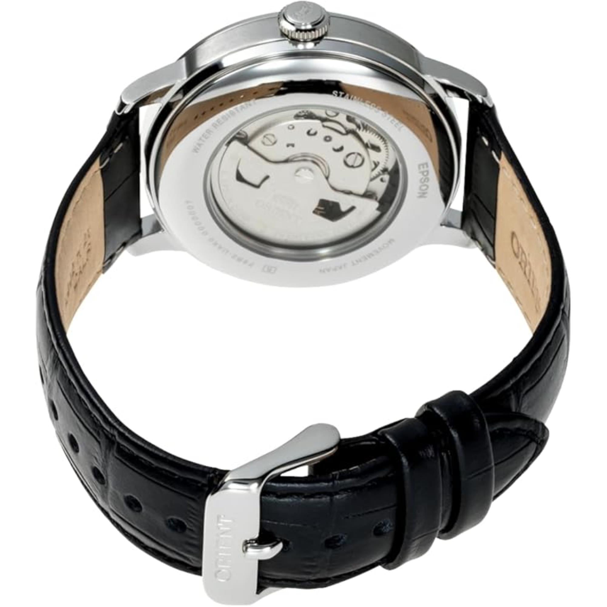 Orient Bambino 41.5mm Sun & Moon Silver Dial Leather Automatic Mens Watch RA-AK0802S30B