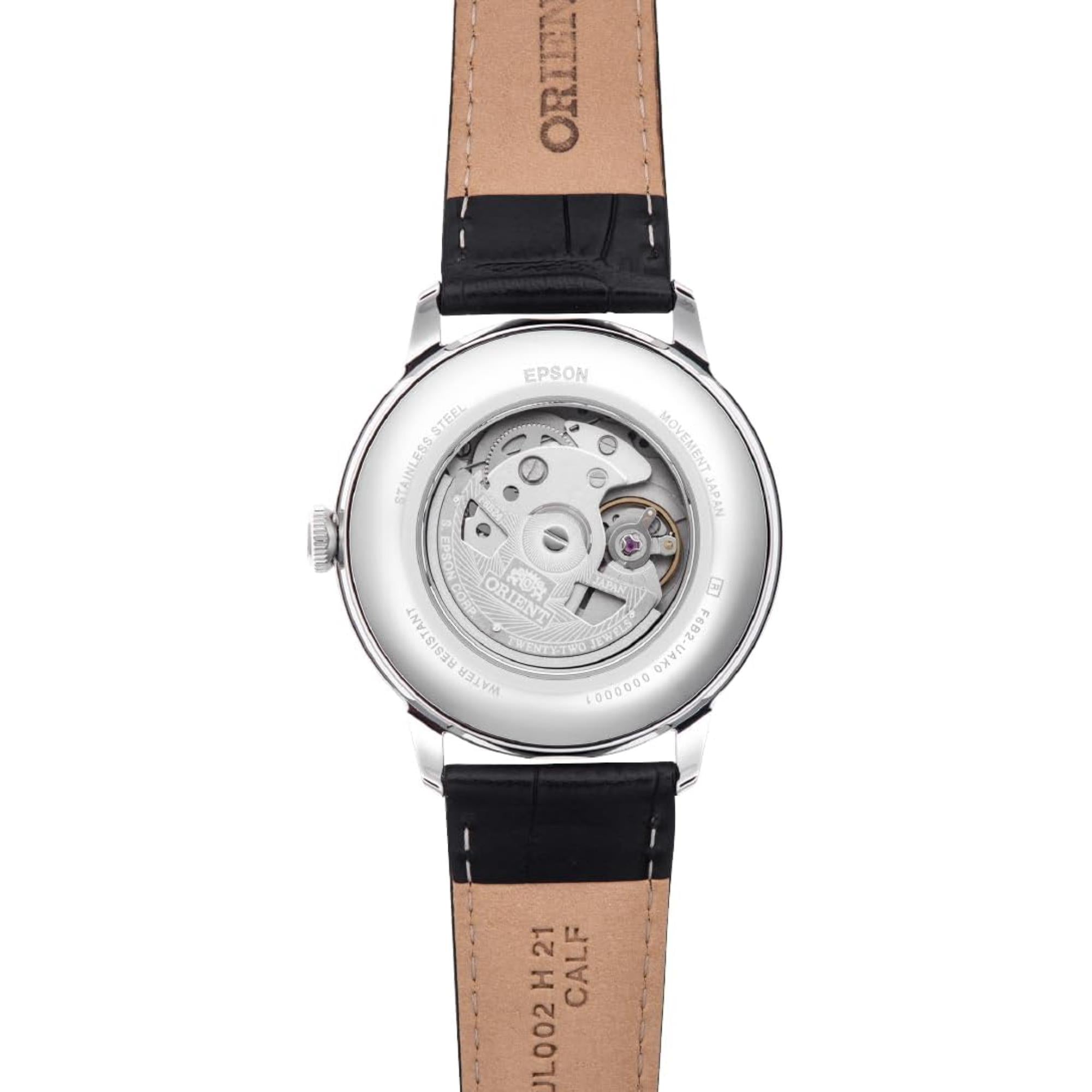 Orient Bambino 41.5mm Sun & Moon Silver Dial Leather Automatic Mens Watch RA-AK0802S30B