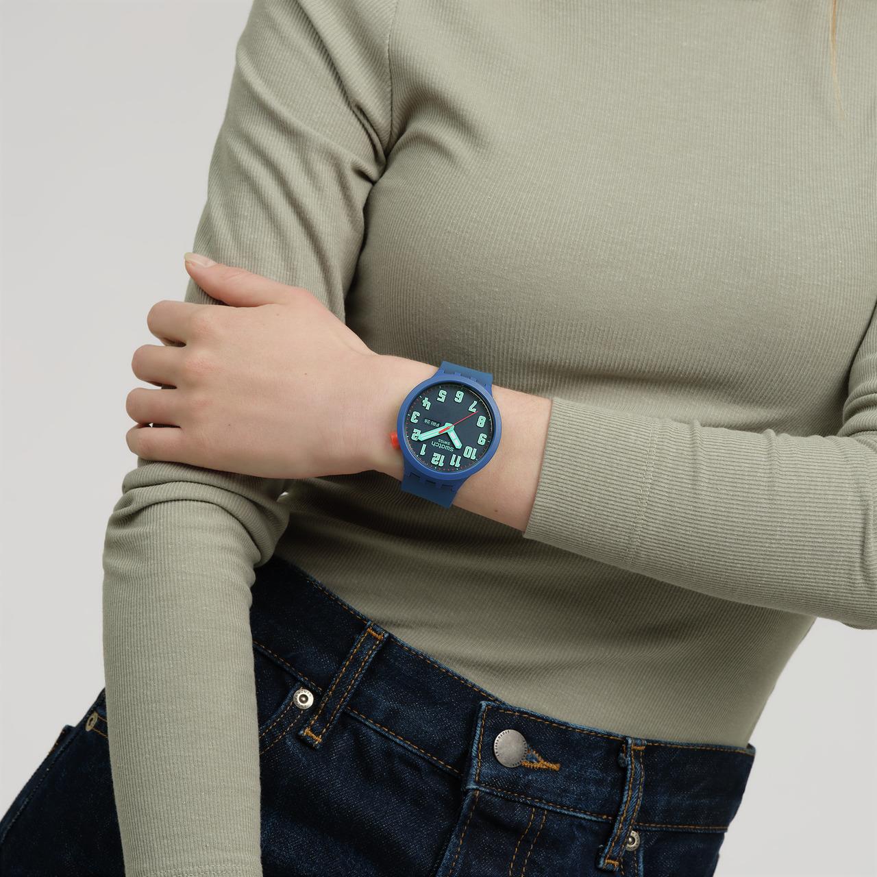 Swatch Essentially Bold Blue Dial Silicone Strap Unisex Watch SB01N700