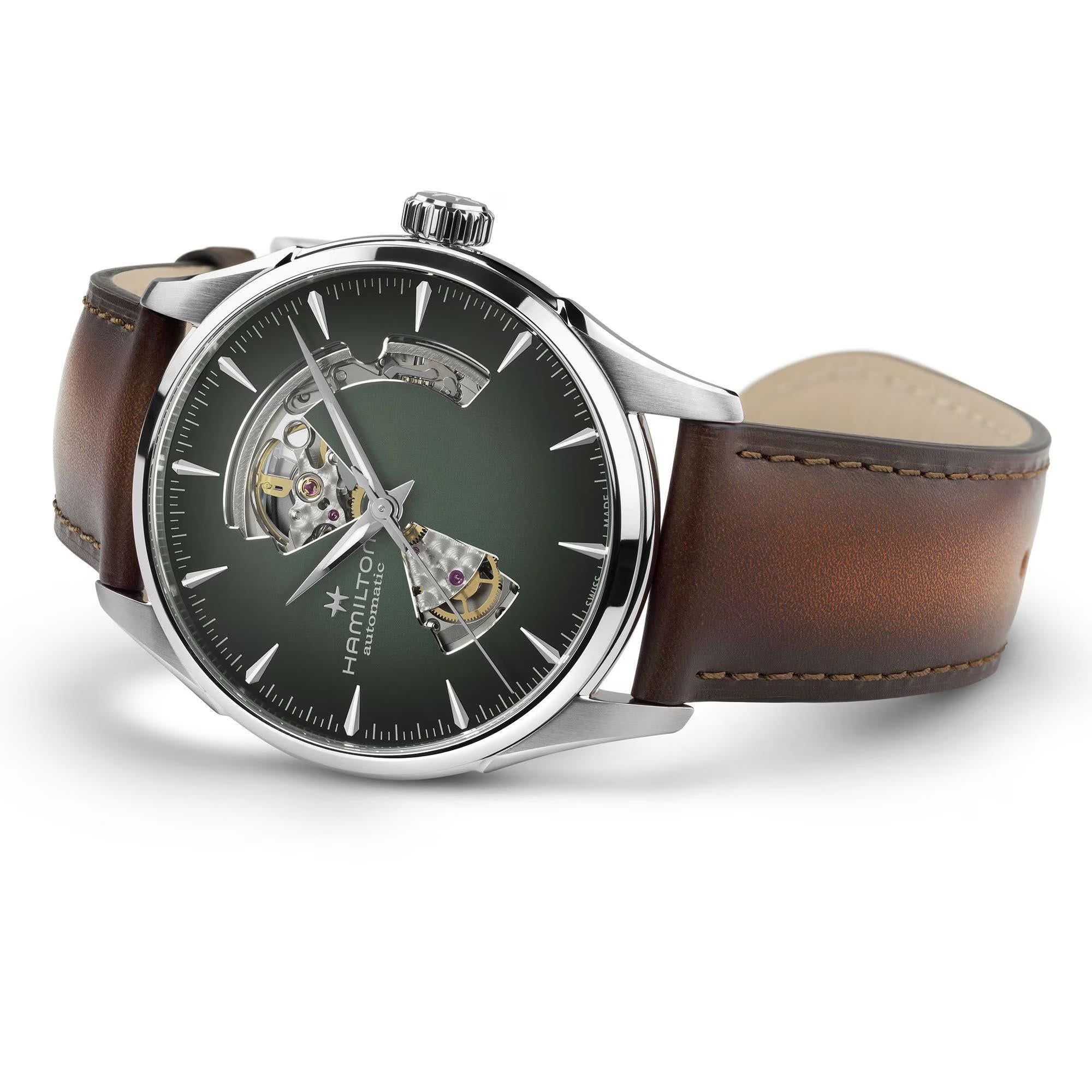 Hamilton Jazzmaster Open Heart Auto Green Dial Leather Strap Men's Dress Watch H32705560