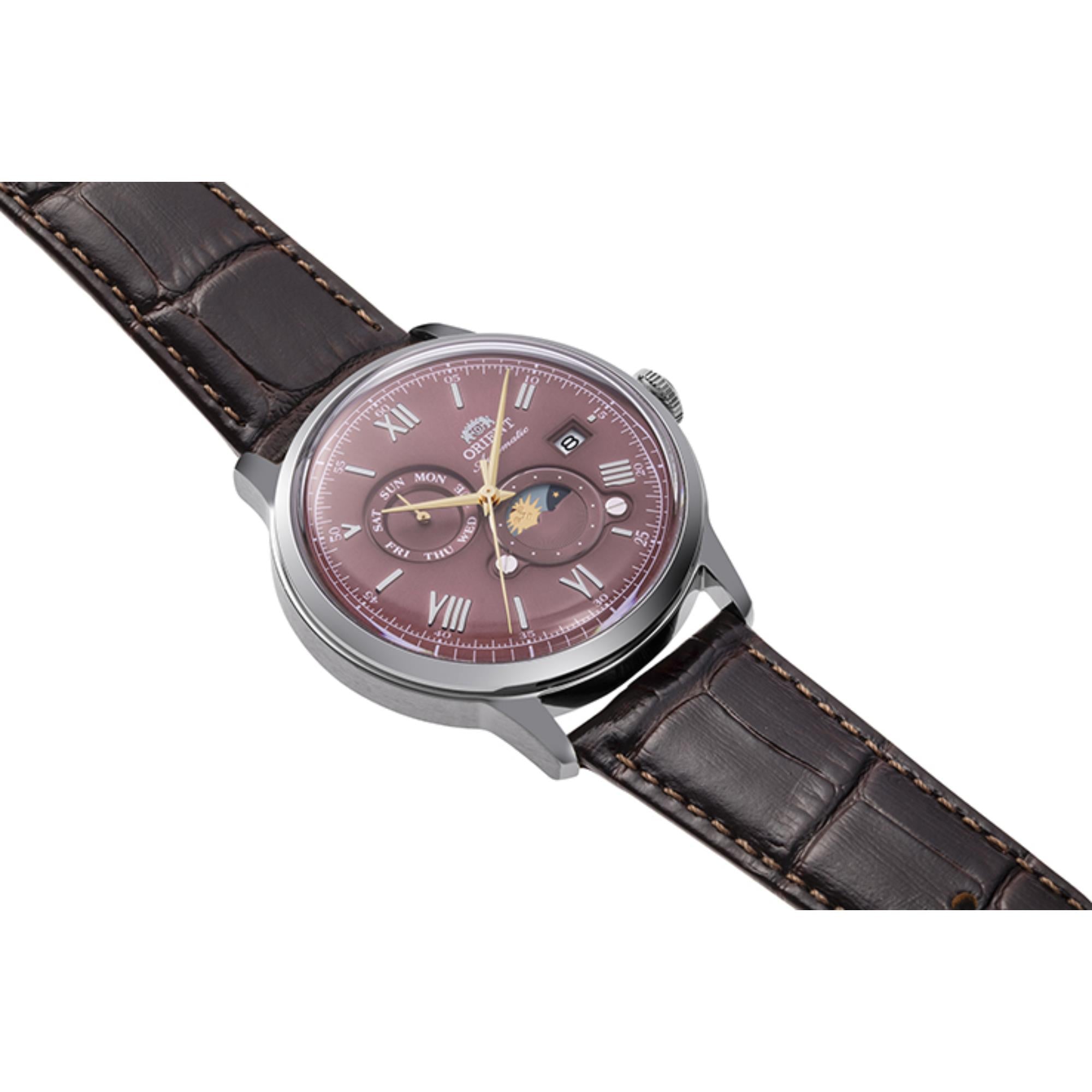 Orient Bambino Sun & Moon Red Dial Leather Strap Men's Watch RA-AK0807R30B
