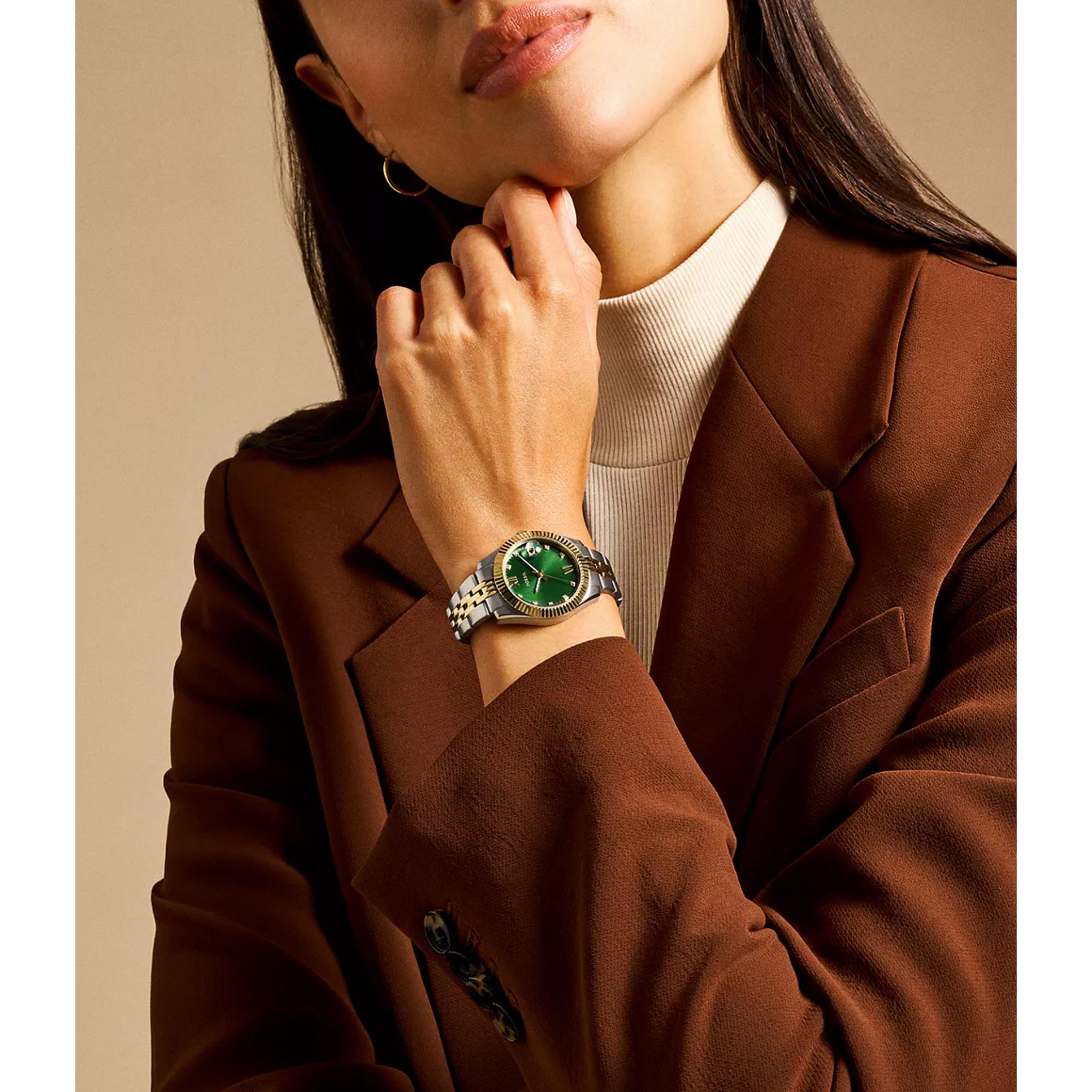 Fossil Scarlette Two-Tone Green Dial Stainless Steel Ladies Watch ES5388