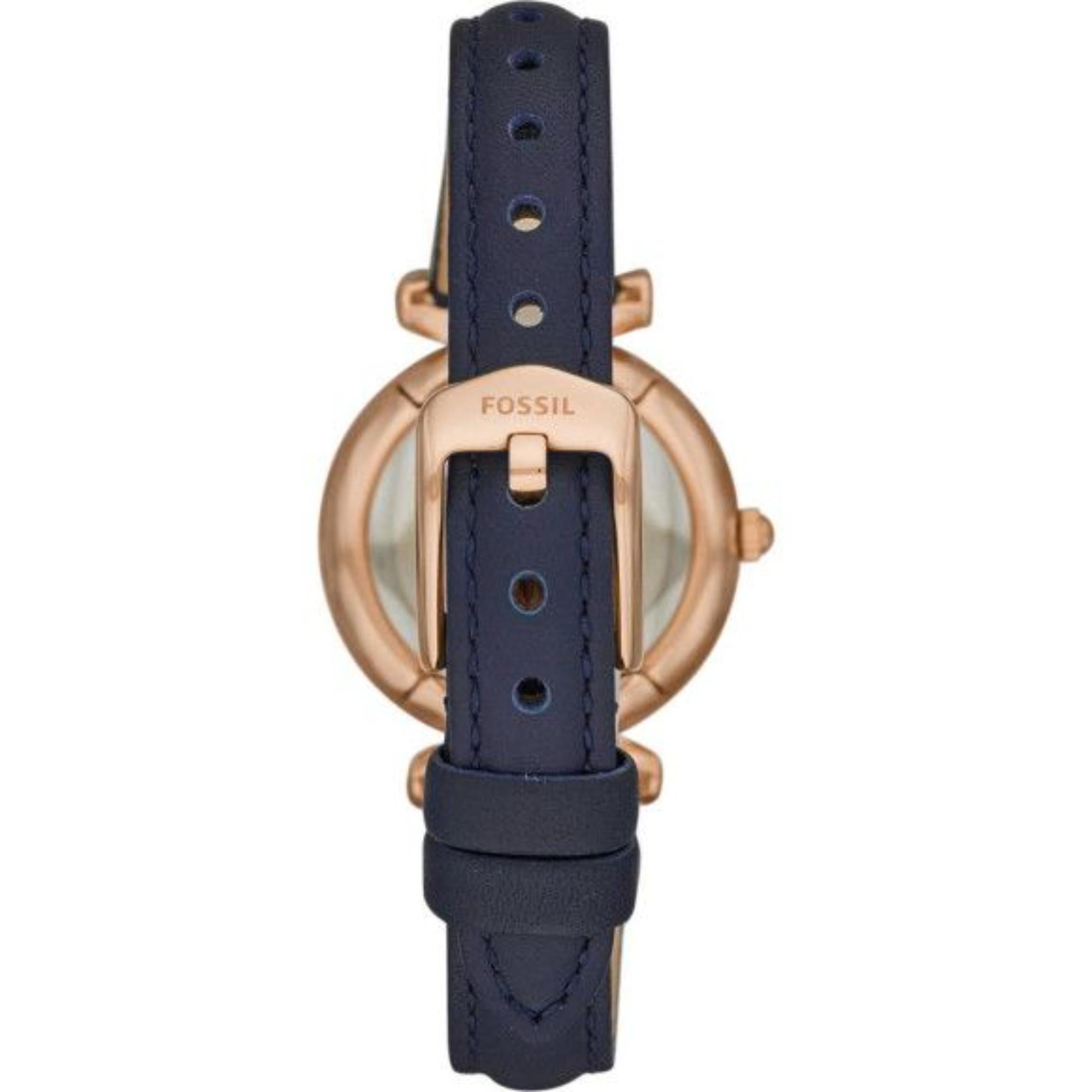 Fossil Carlie Mini Navy White Mother-Of-Pearl Dial Leather Strap Ladies Watch ES4502