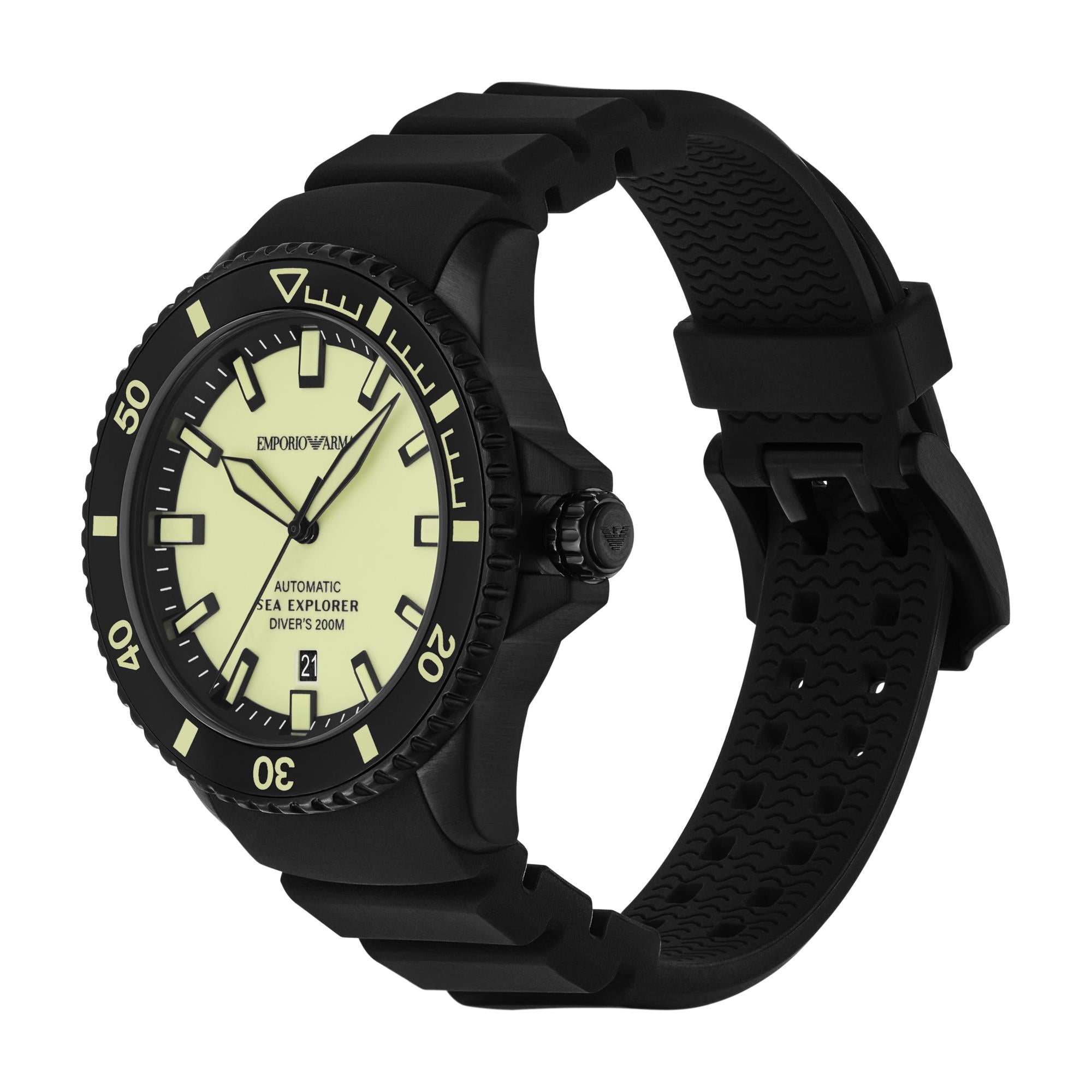 Emporio Armani Sea Explorer Automatic Yellow Dial Black Silicone Strap Men's Watch AR60085