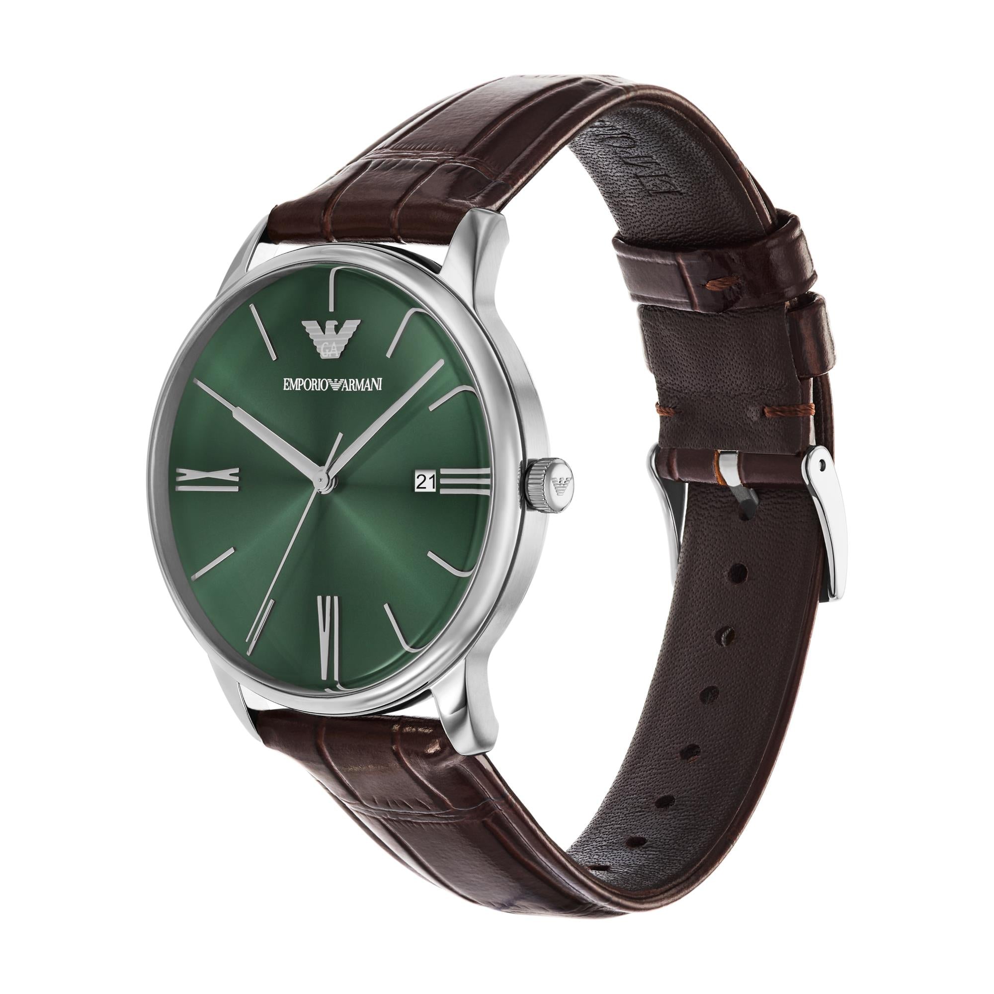Emporio Armani Green Dial Brown Leather Strap Men's Watch AR11672