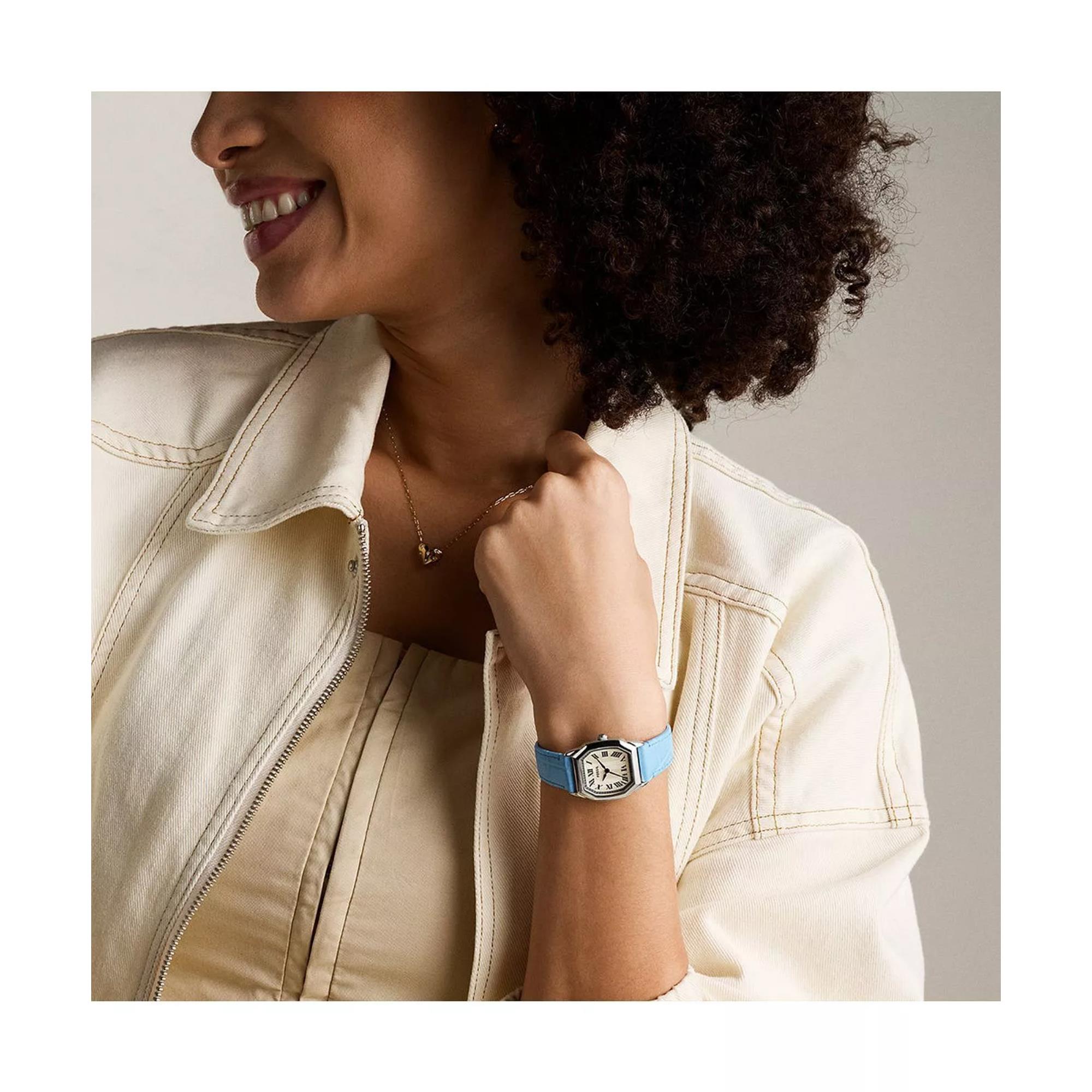 Fossil Harlow Cream Dial Light Blue Leather Strap Ladies Watch ES5405