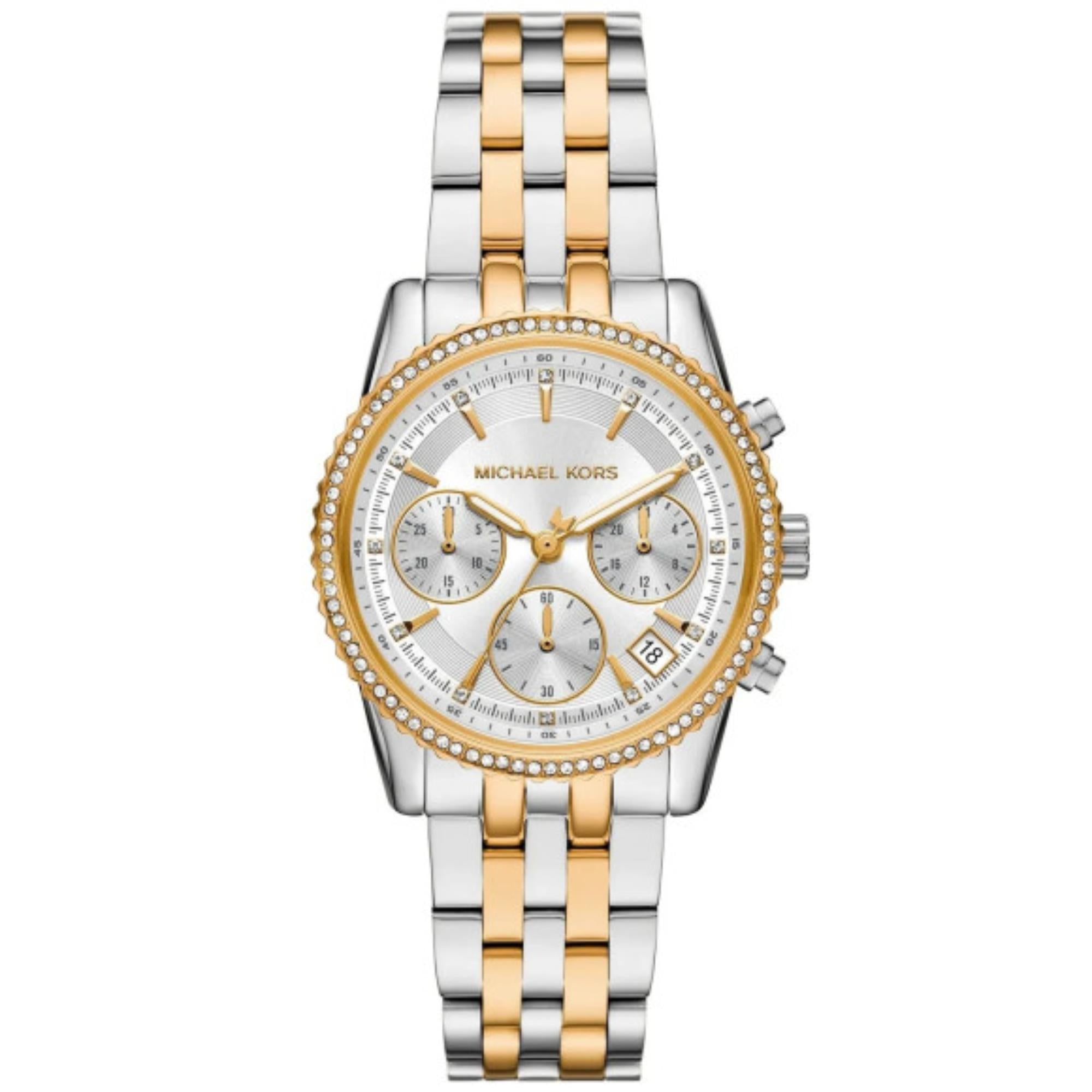 Michael Kors Mini Bryant Chronograph White Dial Two-Tone Stainless Steel Strap Ladies Watch MK7532