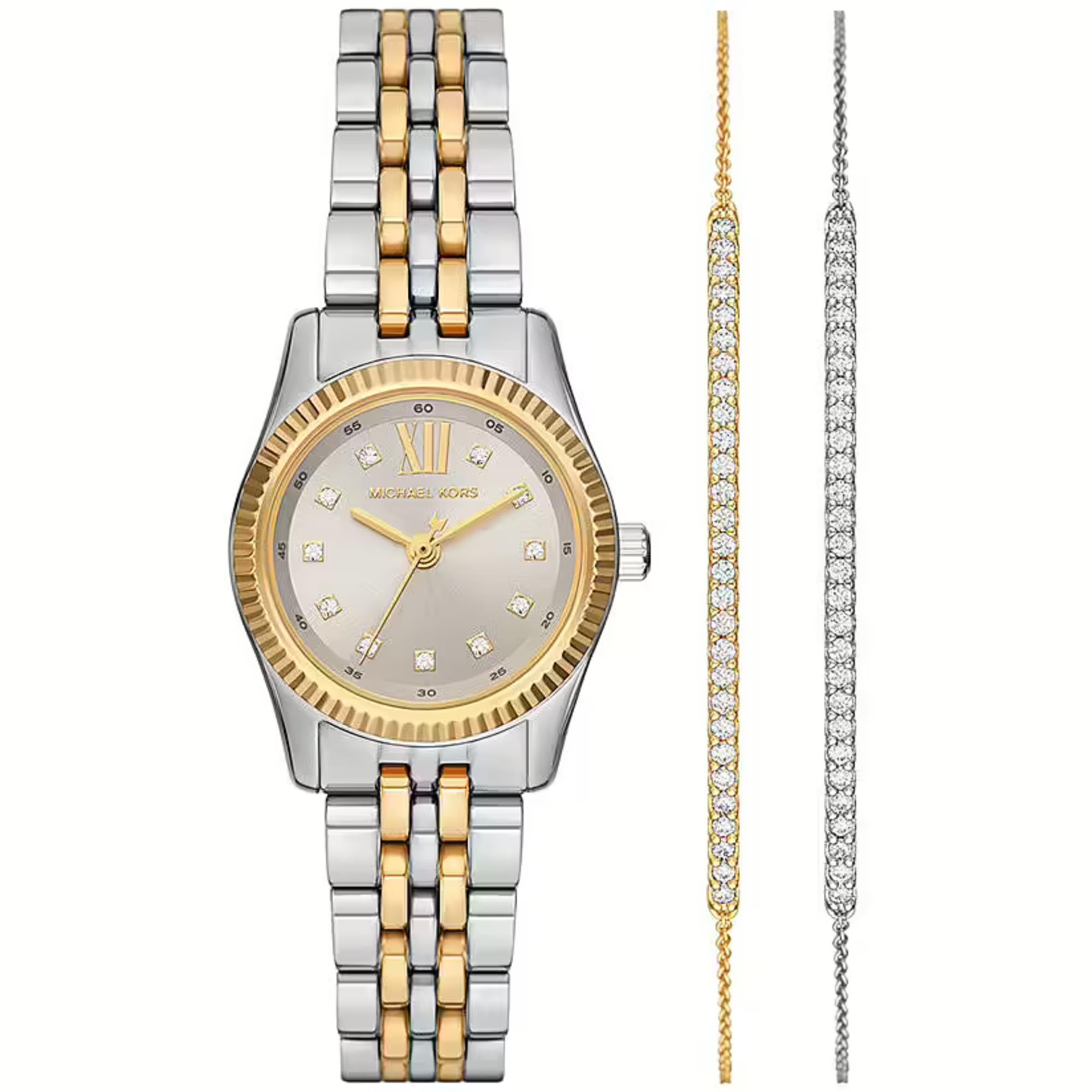 Michael Kors Lexington Two-Tone White Dial Stainless Steel Strap Ladies Watch and Bracelets Gift Set MK4815SET