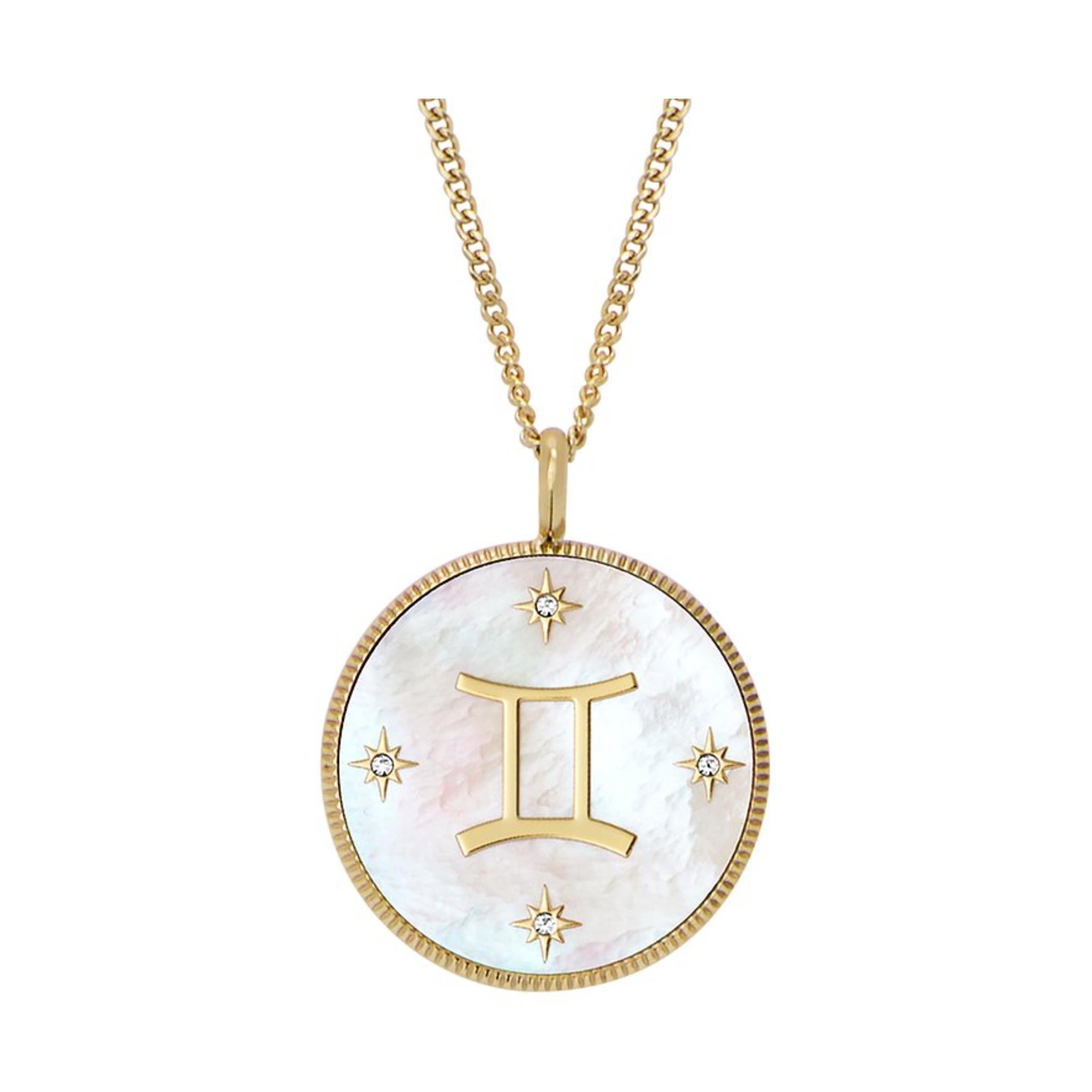 Fossil Written in the Stars Gold-Tone Stainless Steel White Mother-of-Pearl Gemini Pendant Ladies Necklace JF04840710