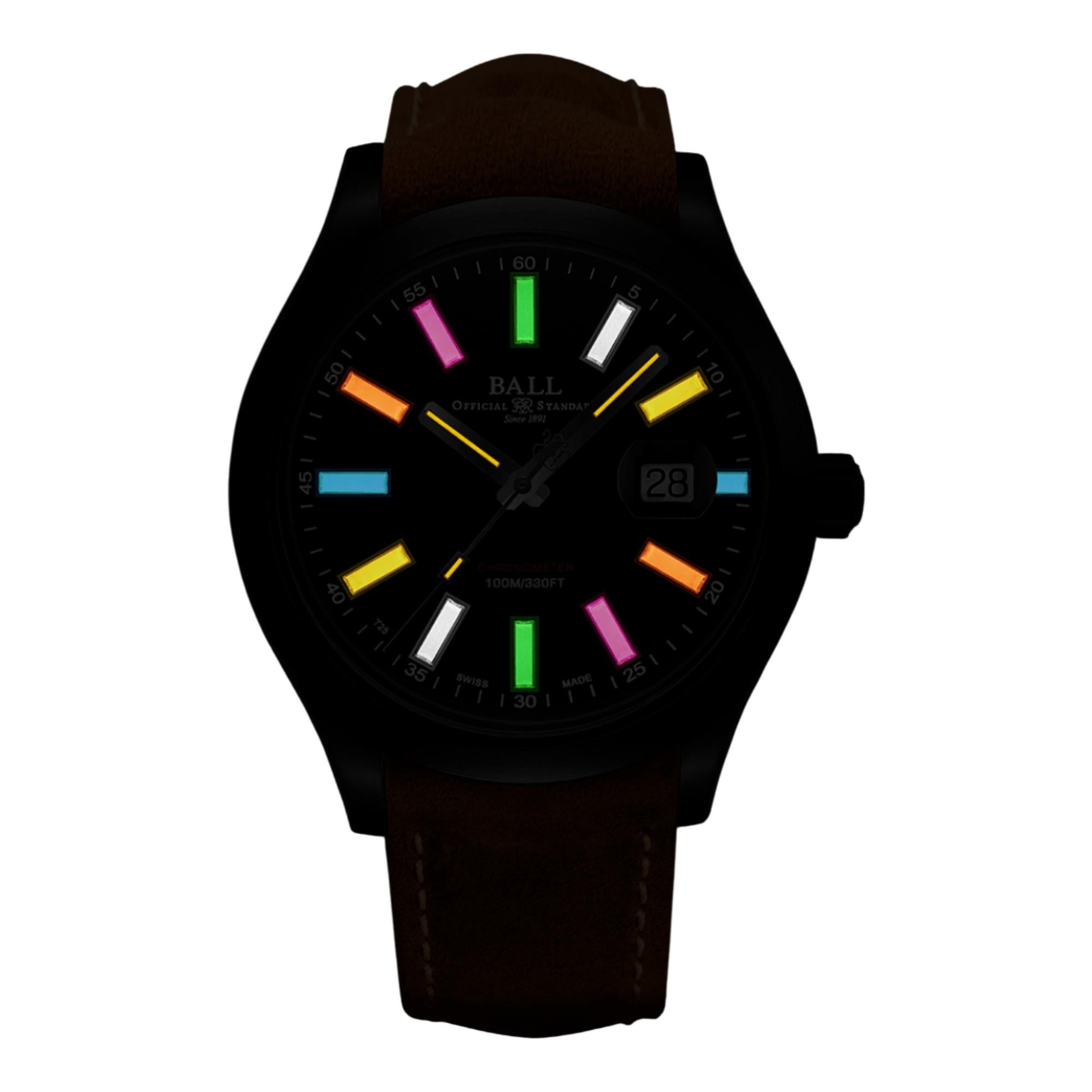 BALL Rainbow Automatic Black Dial Brown Leather Strap Men's Watch NM2028C-L28CJ-BK