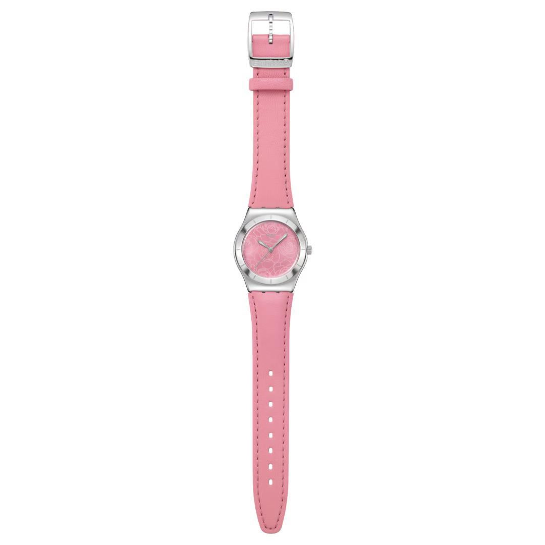 Swatch Pink Petal Promise Pink Dial Leather Strap Unisex Watch YLS234